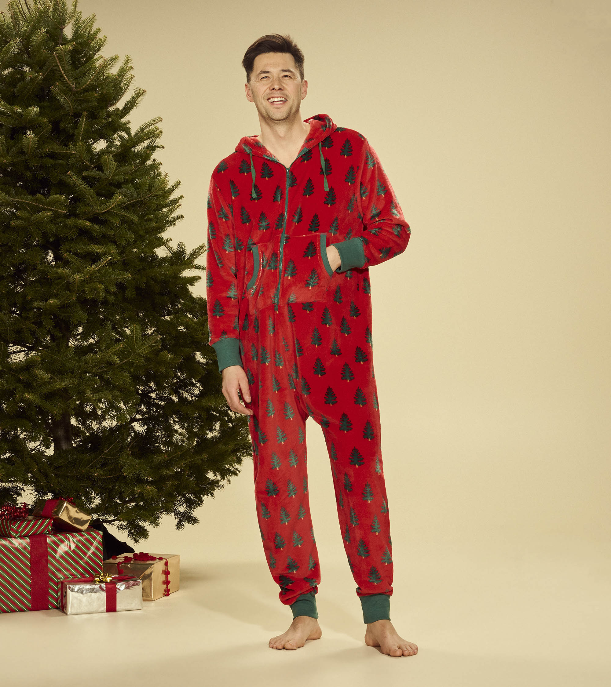Adult Trees on Red Hooded Fleece Jumpsuit - Image 3