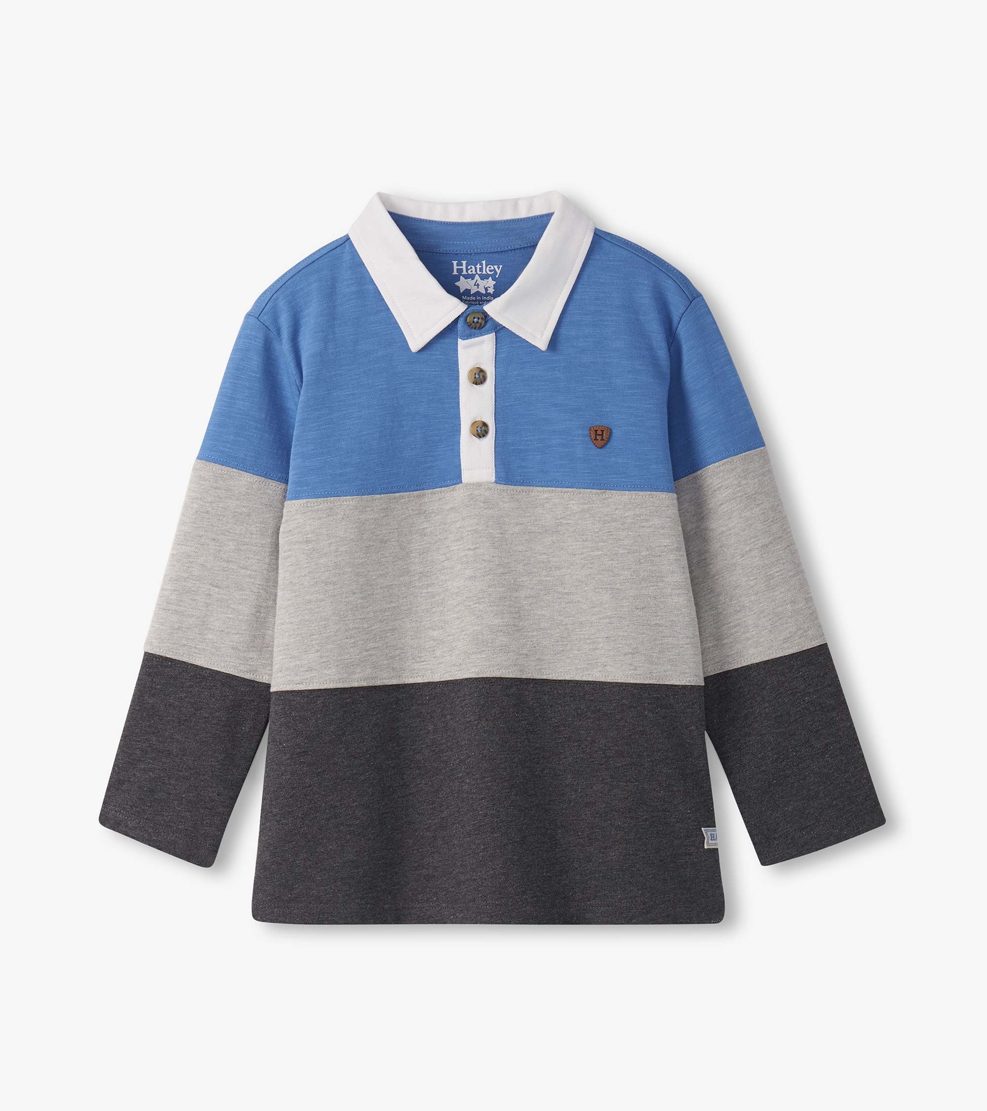 Boys Blue and Grey Colour Block Long Sleeve Polo Shirt