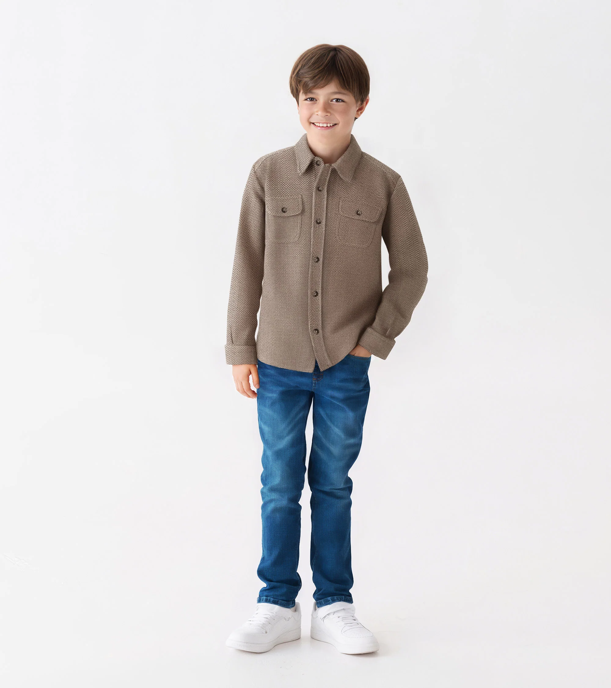 Boys Brown Sugar Herringbone Button Down Shirt - Image 2