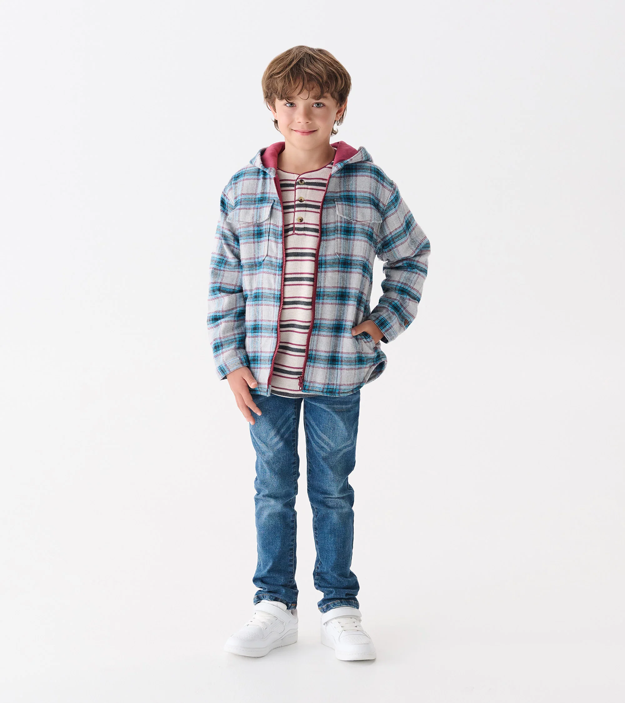 Boys Charcoal and Maroon Plaid Lined Hooded Jacket - Image 2