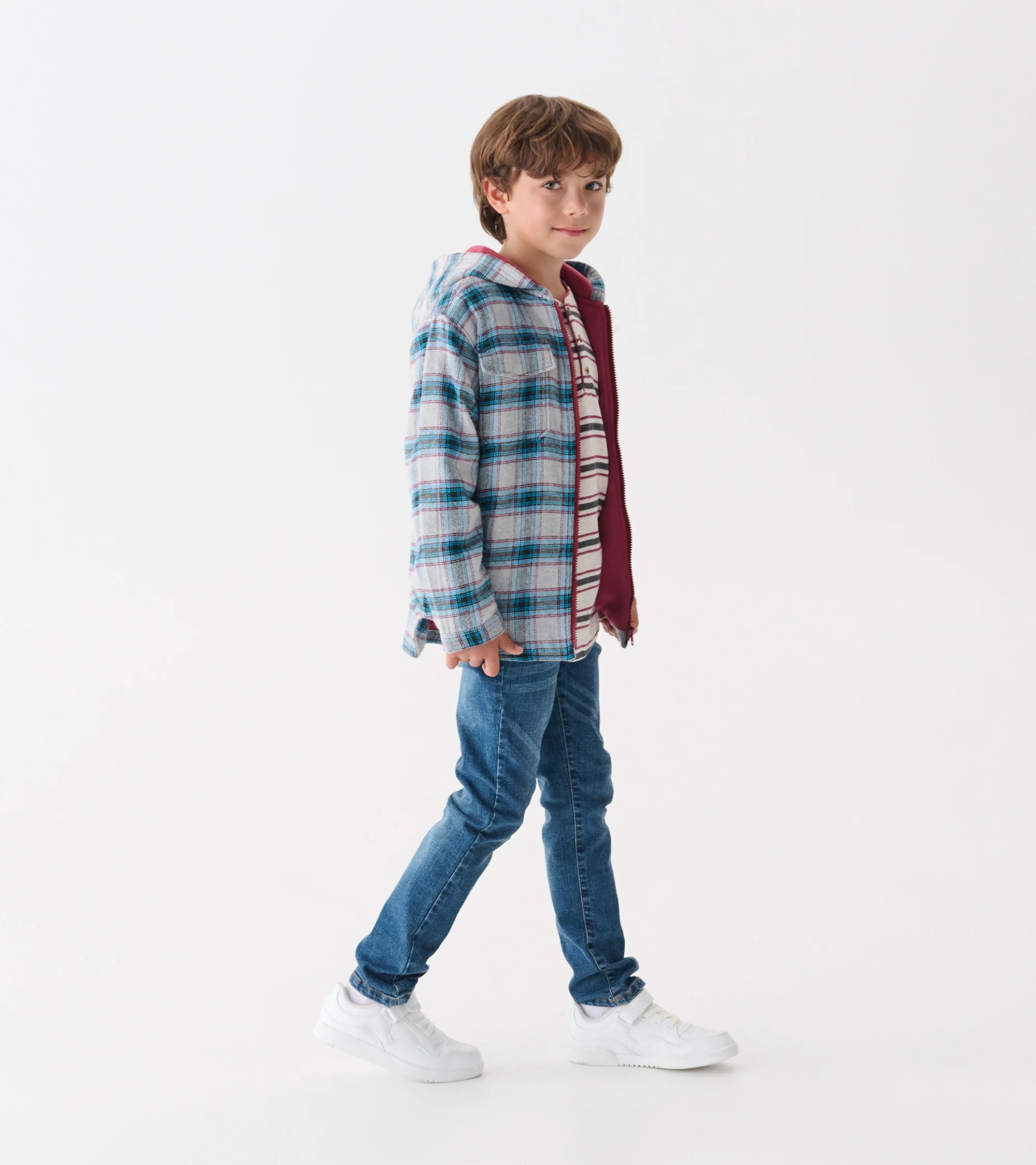 Boys Charcoal and Maroon Plaid Lined Hooded Jacket - Image 3