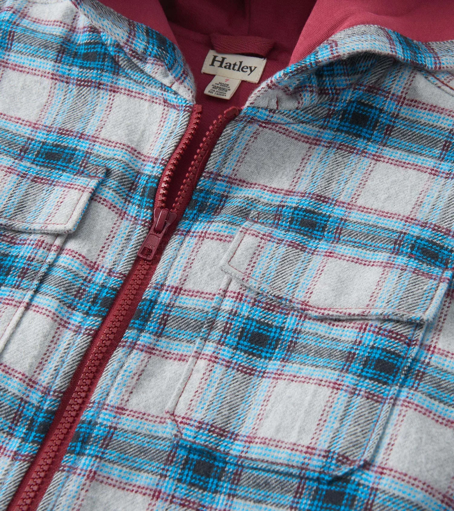 Boys Charcoal and Maroon Plaid Lined Hooded Jacket - Image 5