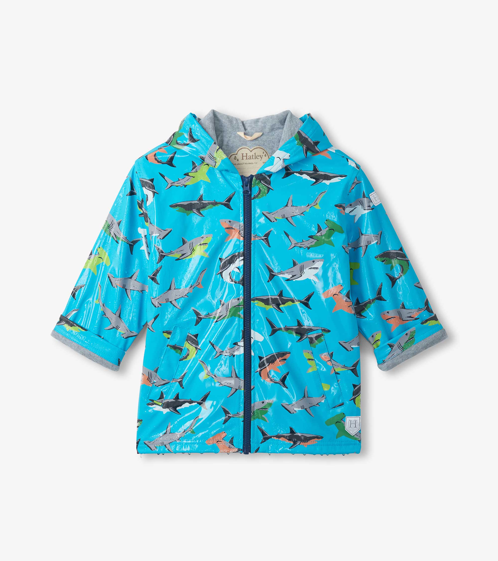 Boys Colour Changing Shark Party Zip-Up Rain Jacket - Image 2