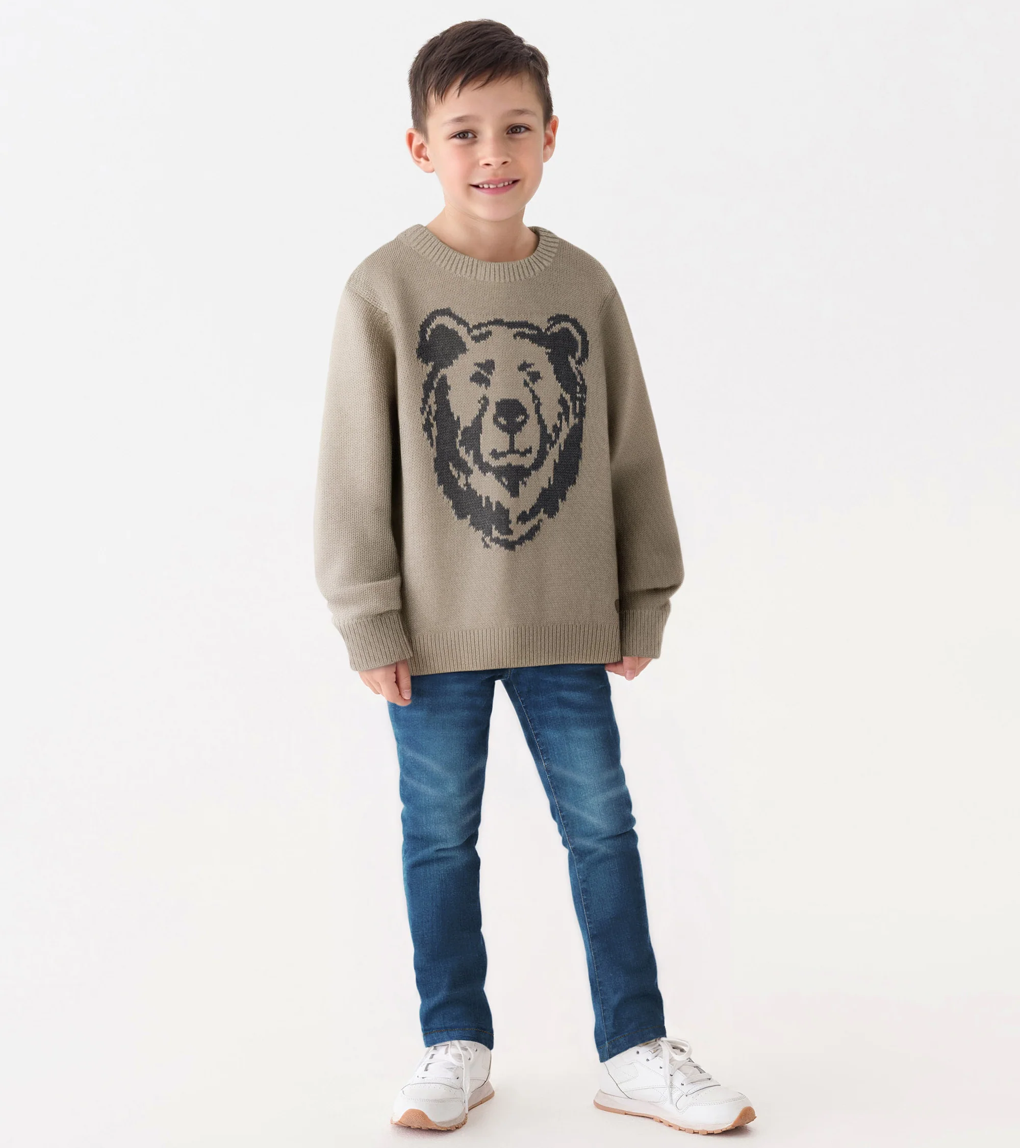 Boys Oatmeal Bear Crew Neck Sweater - Image 2