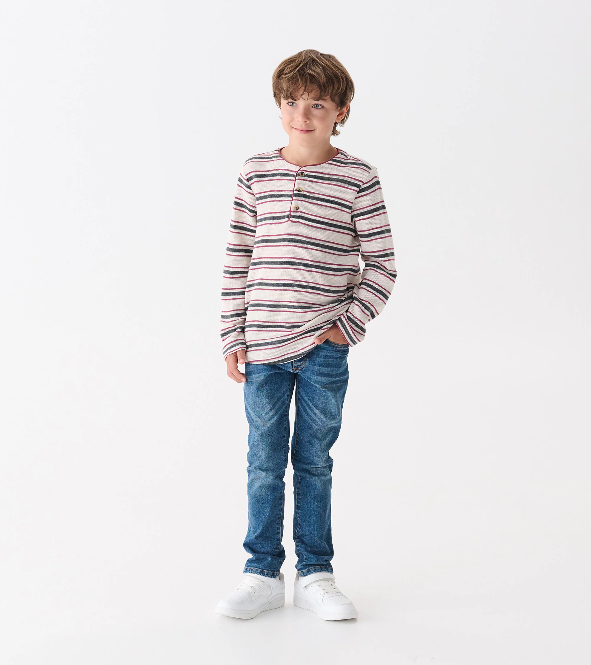 Boys Oatmeal Melange Stripes Waffle Henley - Image 2