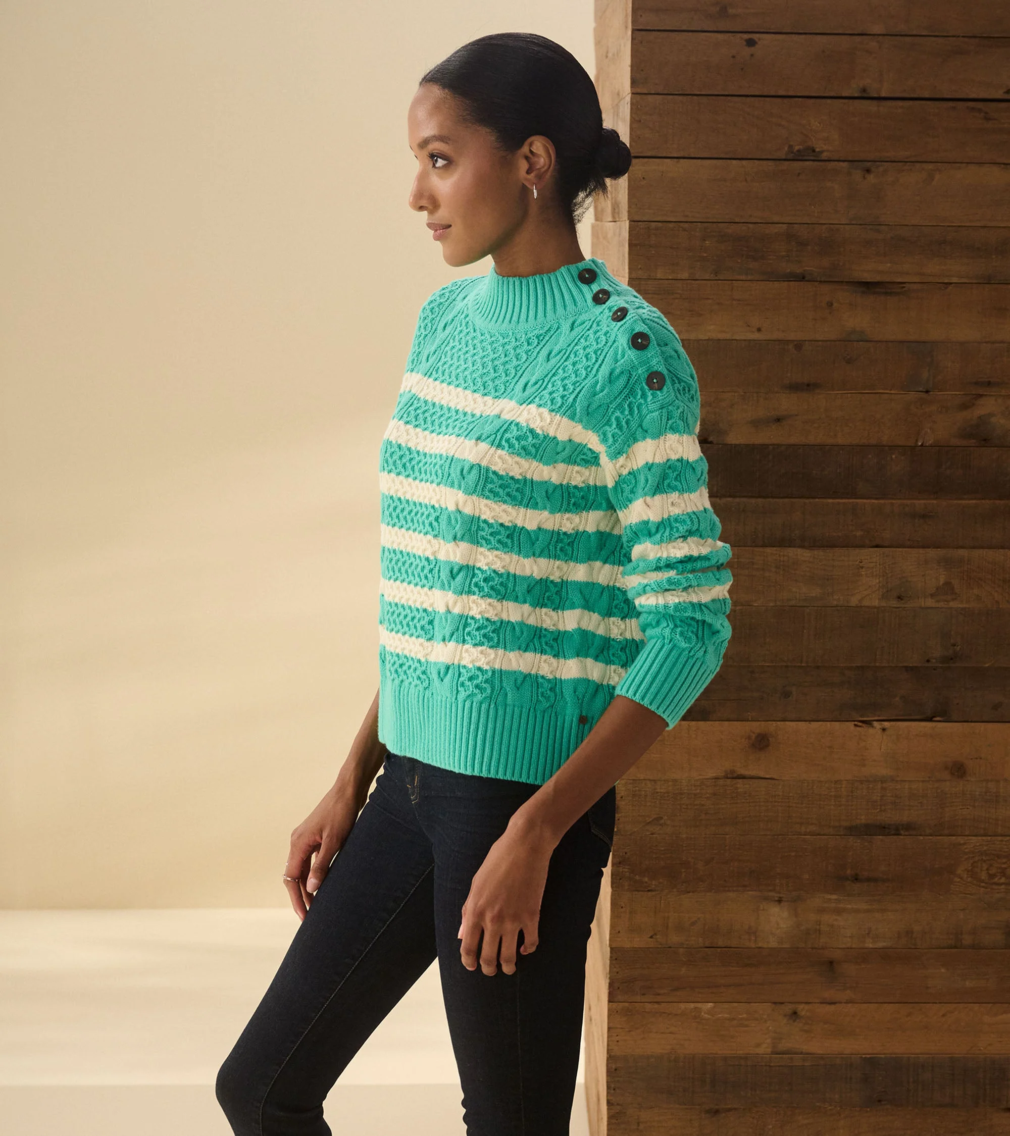 Button Neck Sweater - Turquoise Stripes - Image 3