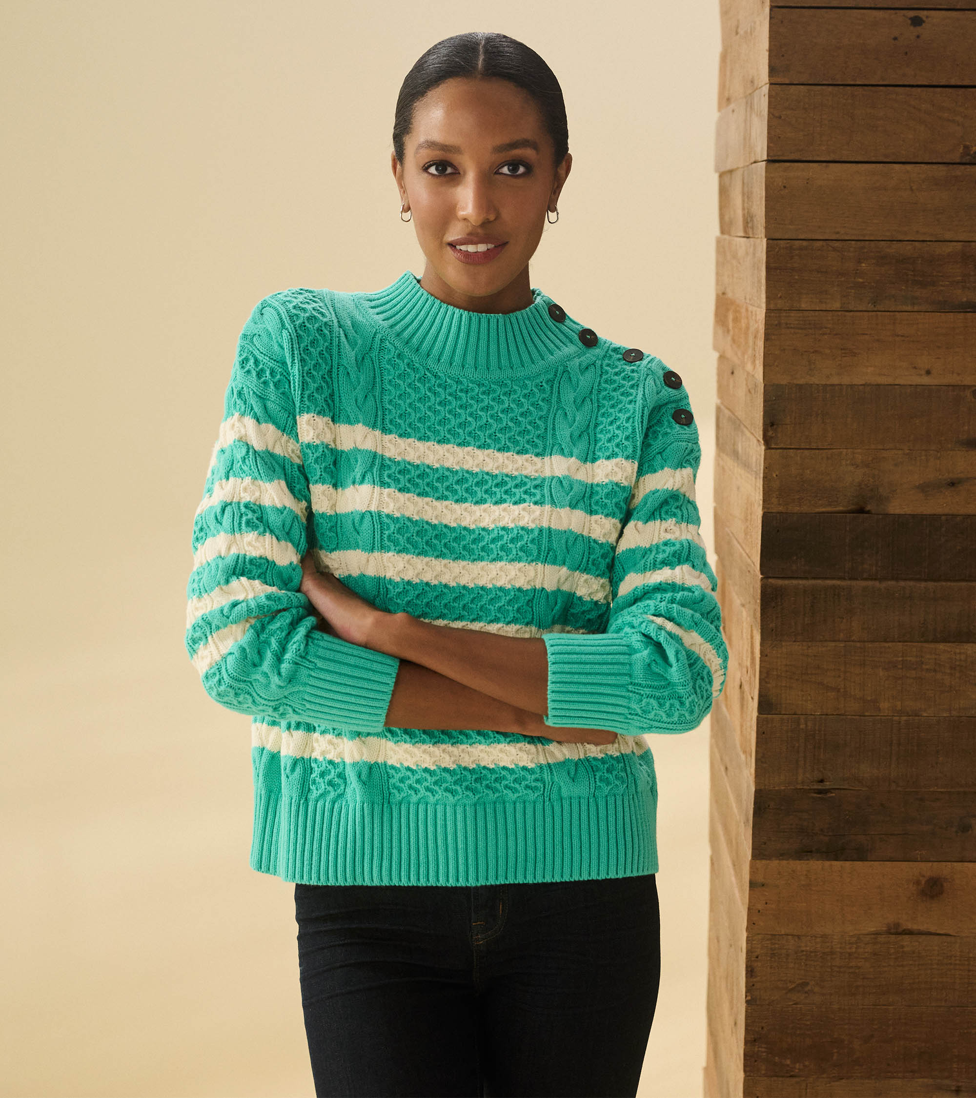Button Neck Sweater - Turquoise Stripes - Image 5