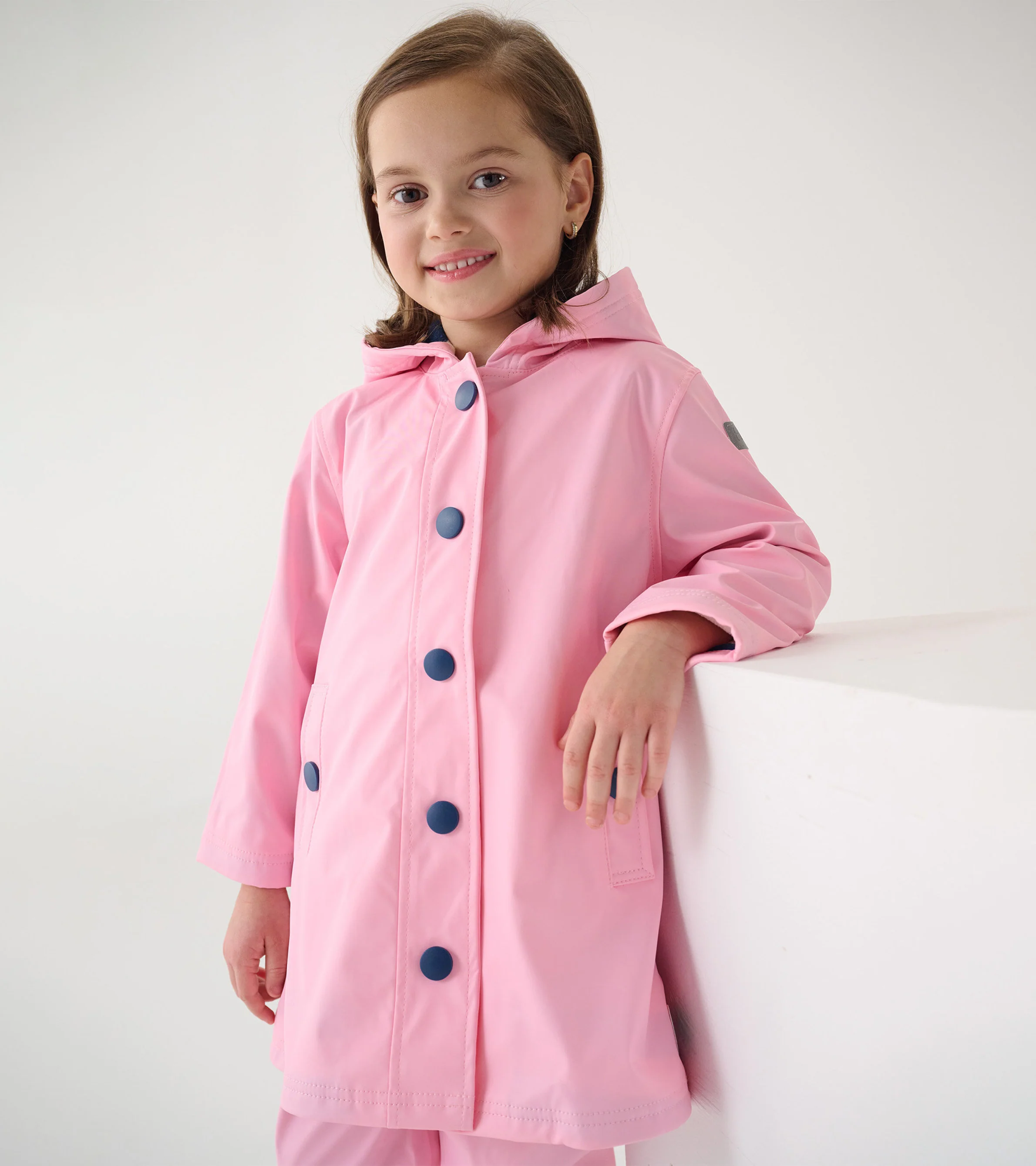Girls Pink & Navy Button-Up Rain Jacket - Image 6