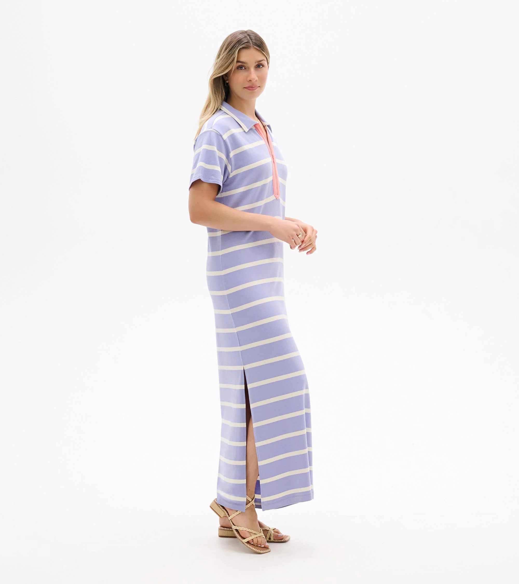 Contrast Zip Maxi Dress - Pale Iris Stripes - Image 5