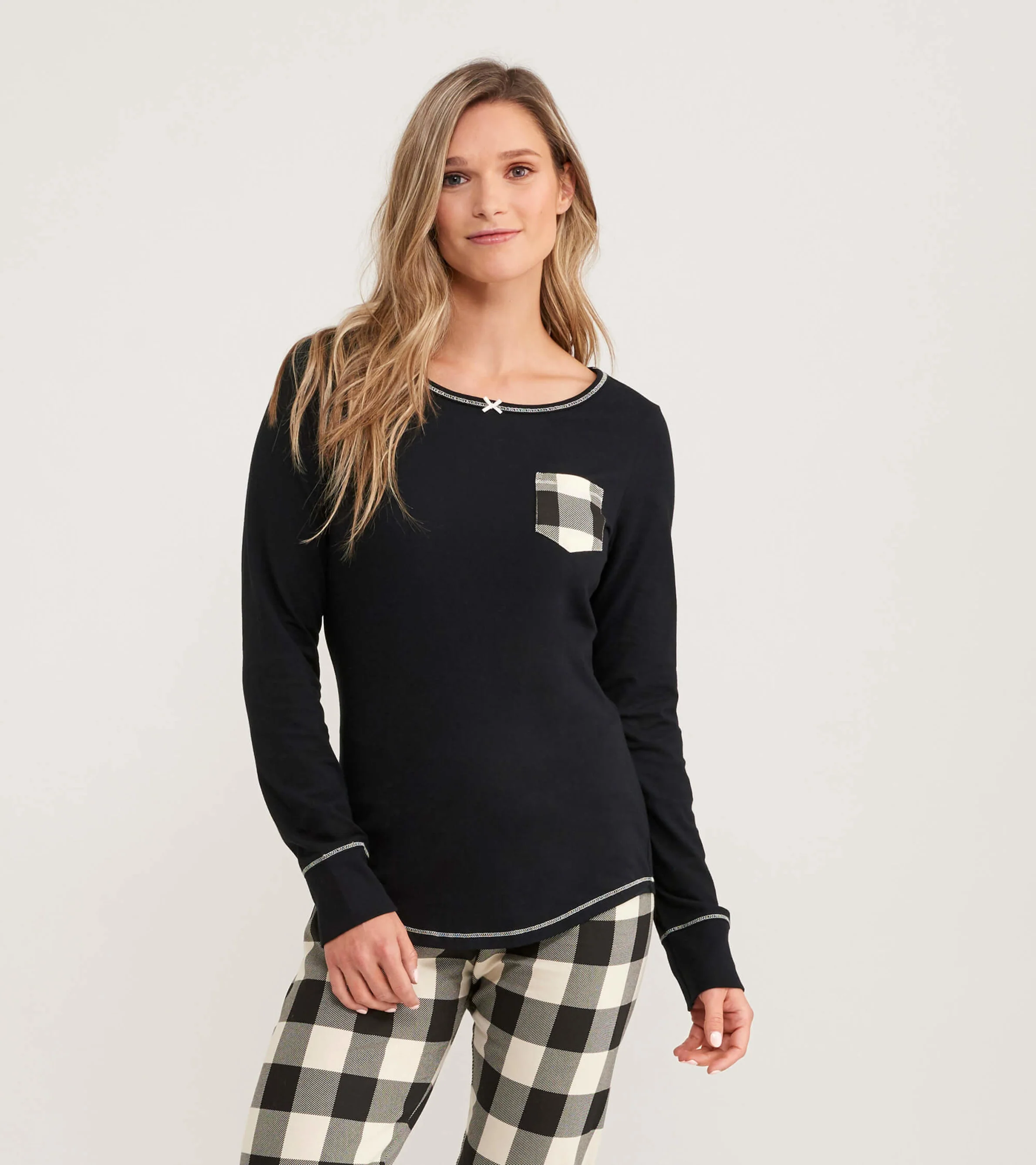 Cream Plaid Women's Stretch Jersey Top