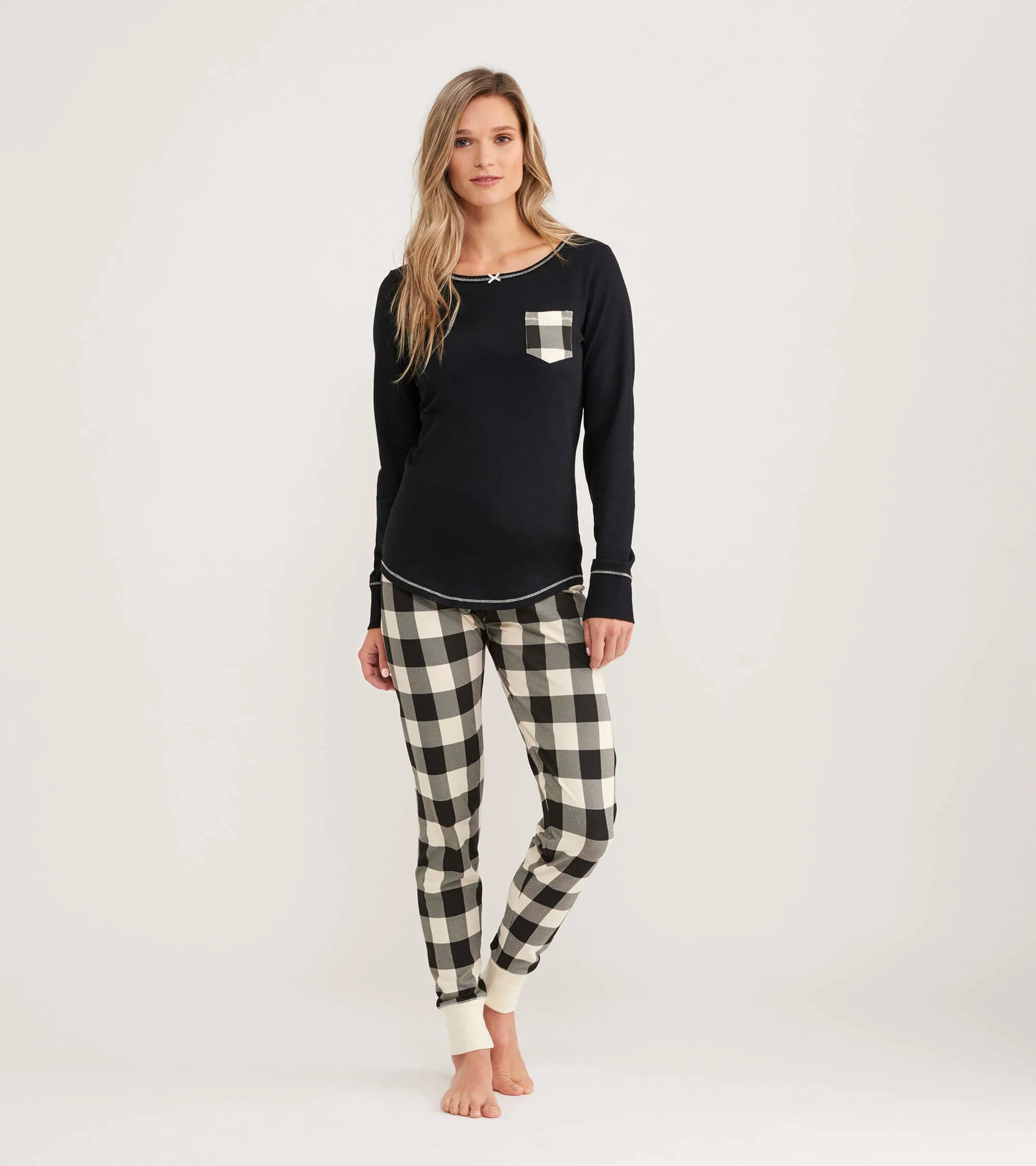 Cream Plaid Women's Stretch Jersey Top - Image 2