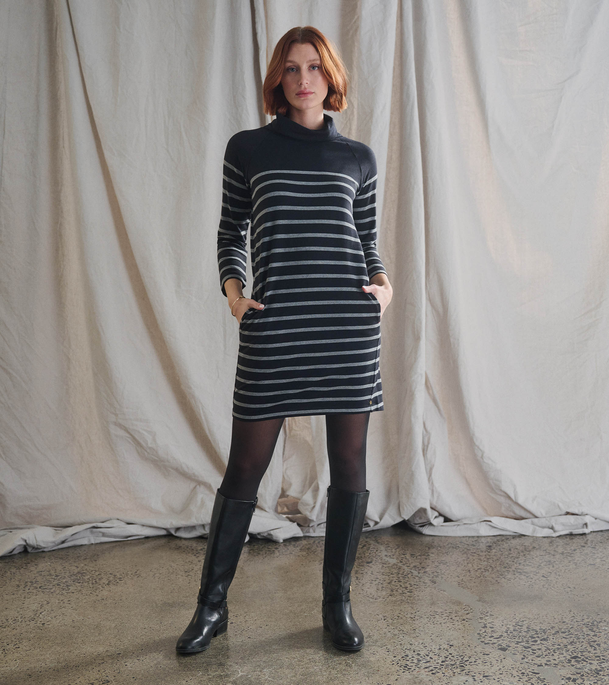 Draped Collar Dress - Caviar Stripe - Image 2