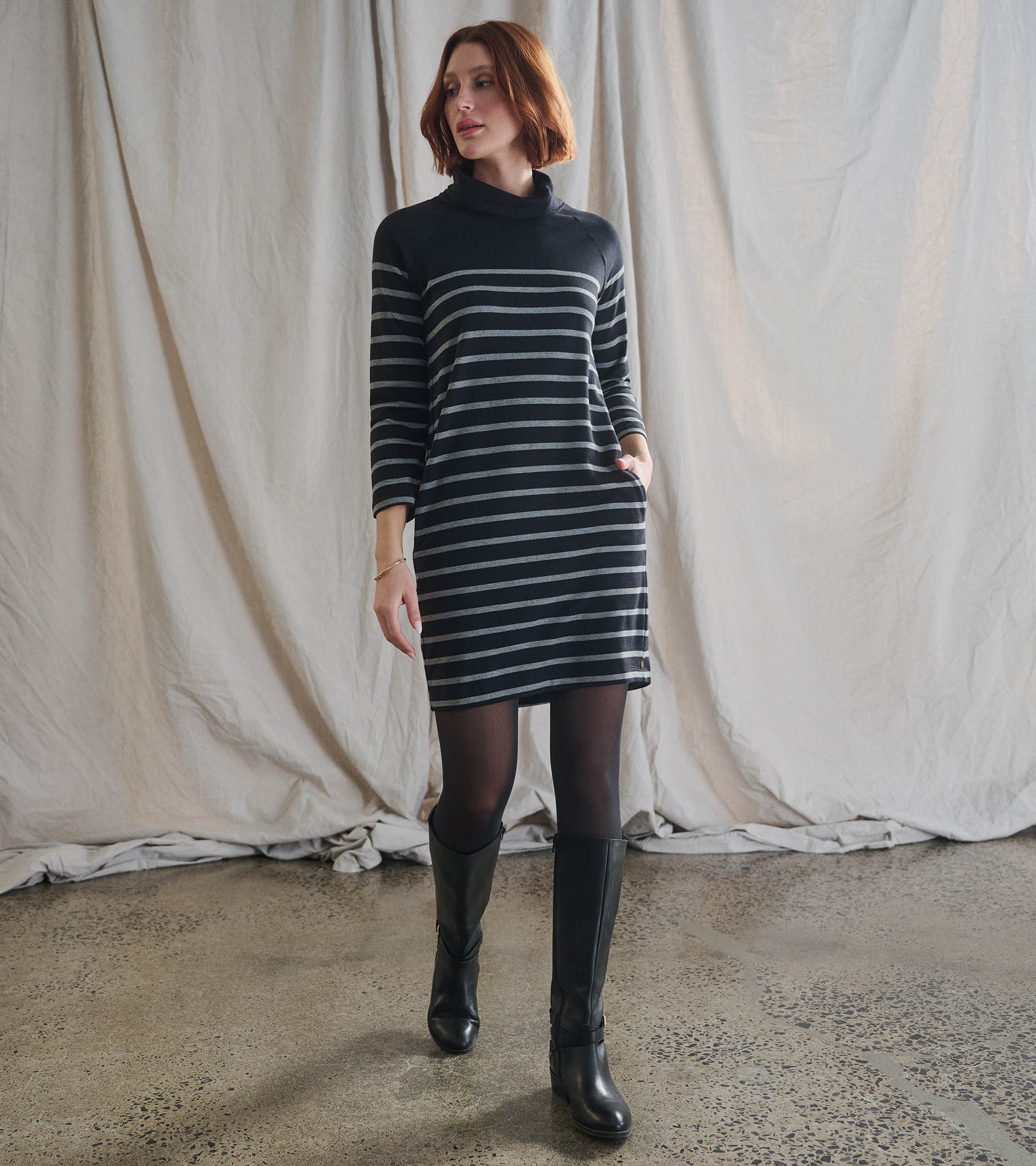 Draped Collar Dress - Caviar Stripe - Image 3