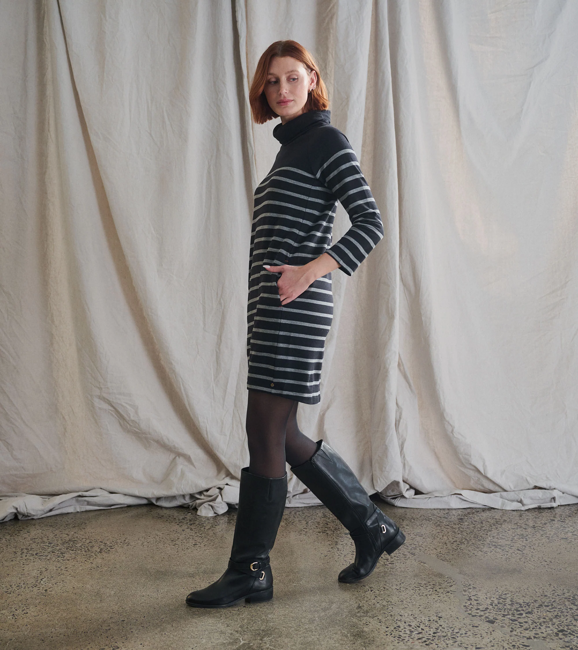 Draped Collar Dress - Caviar Stripe - Image 4