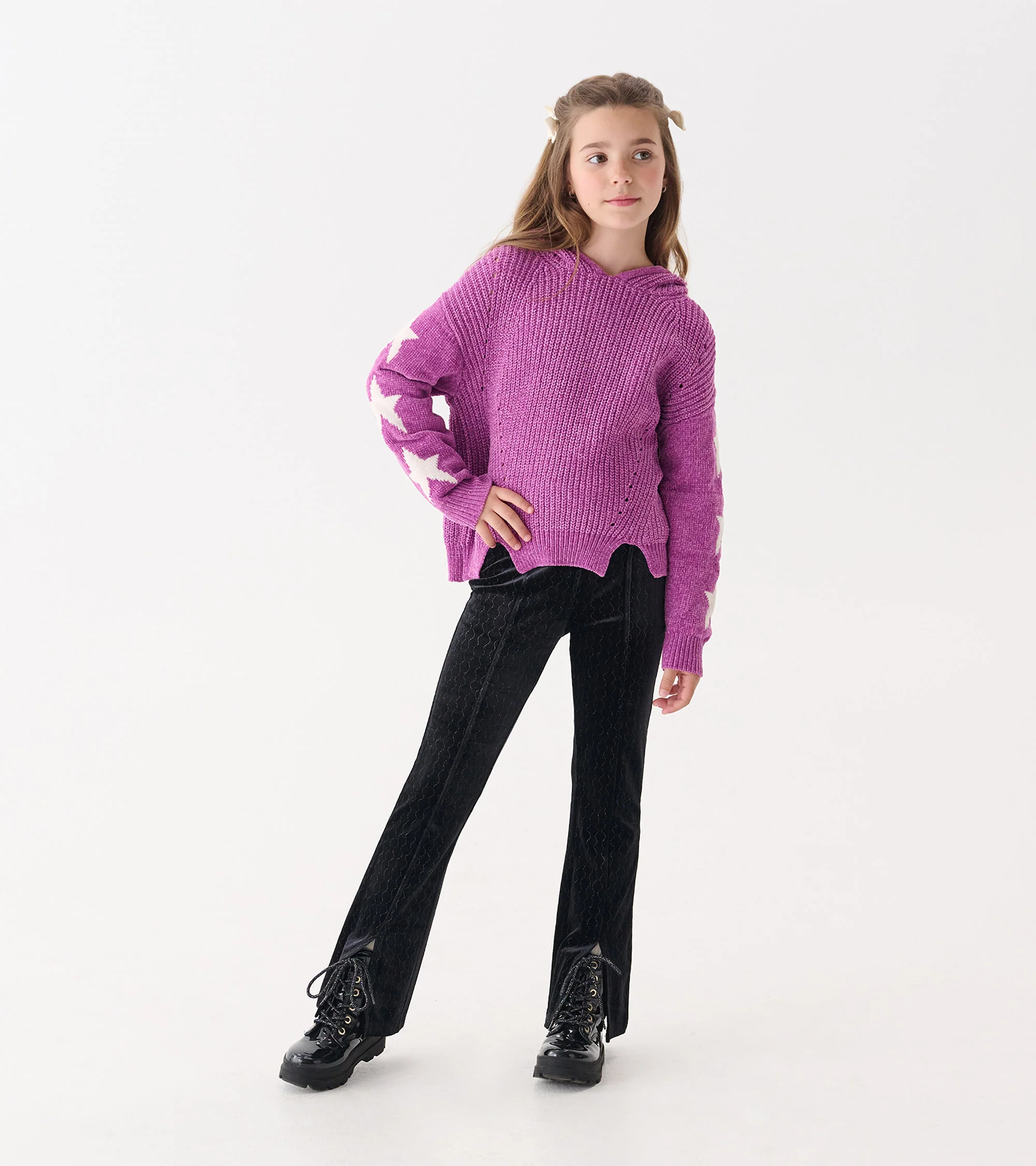 Girls Black Sparkle Wave Velour Flared Pants - Image 2