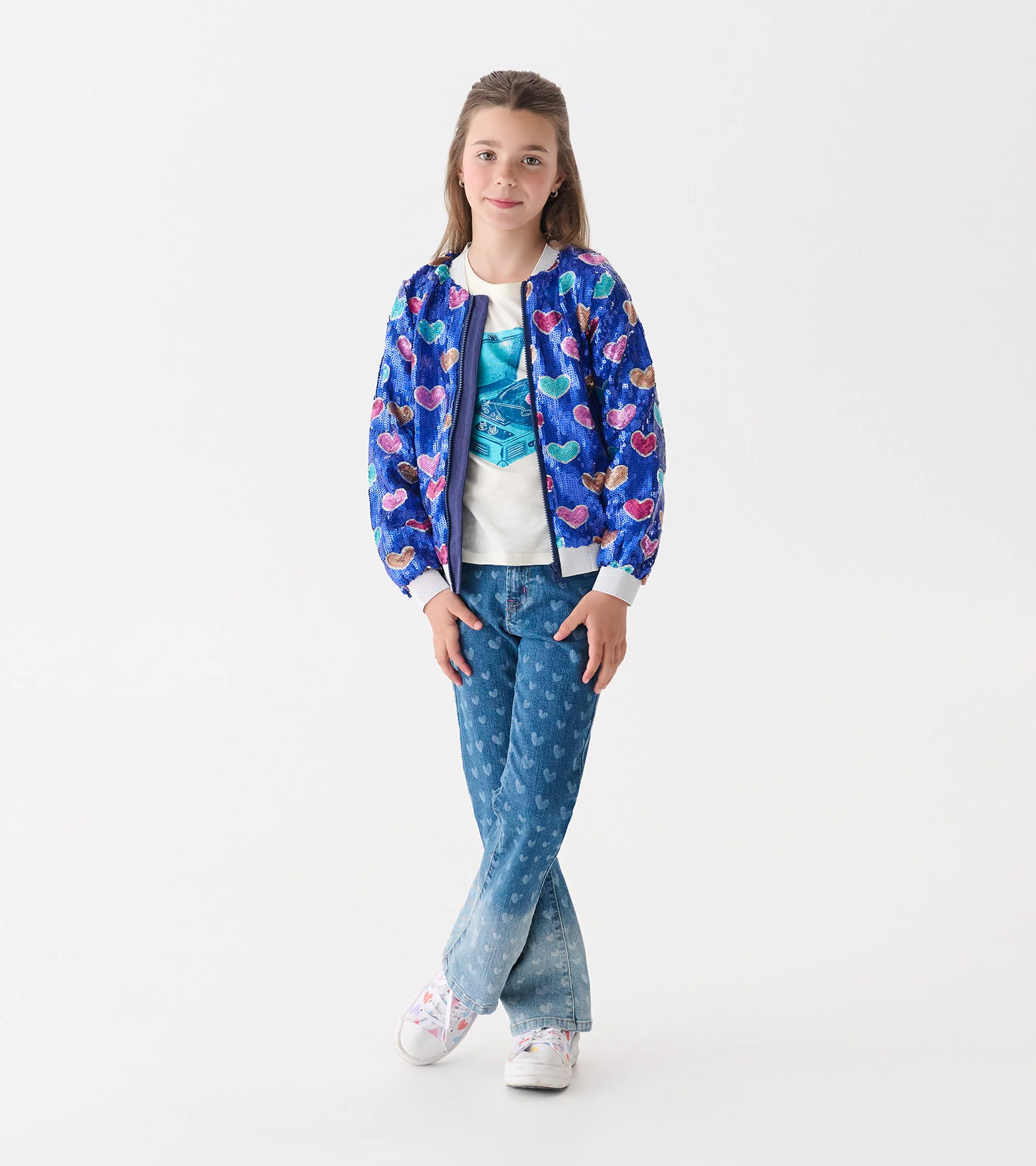 Girls Bursted Hearts Sequin Bomber Jacket - Image 3