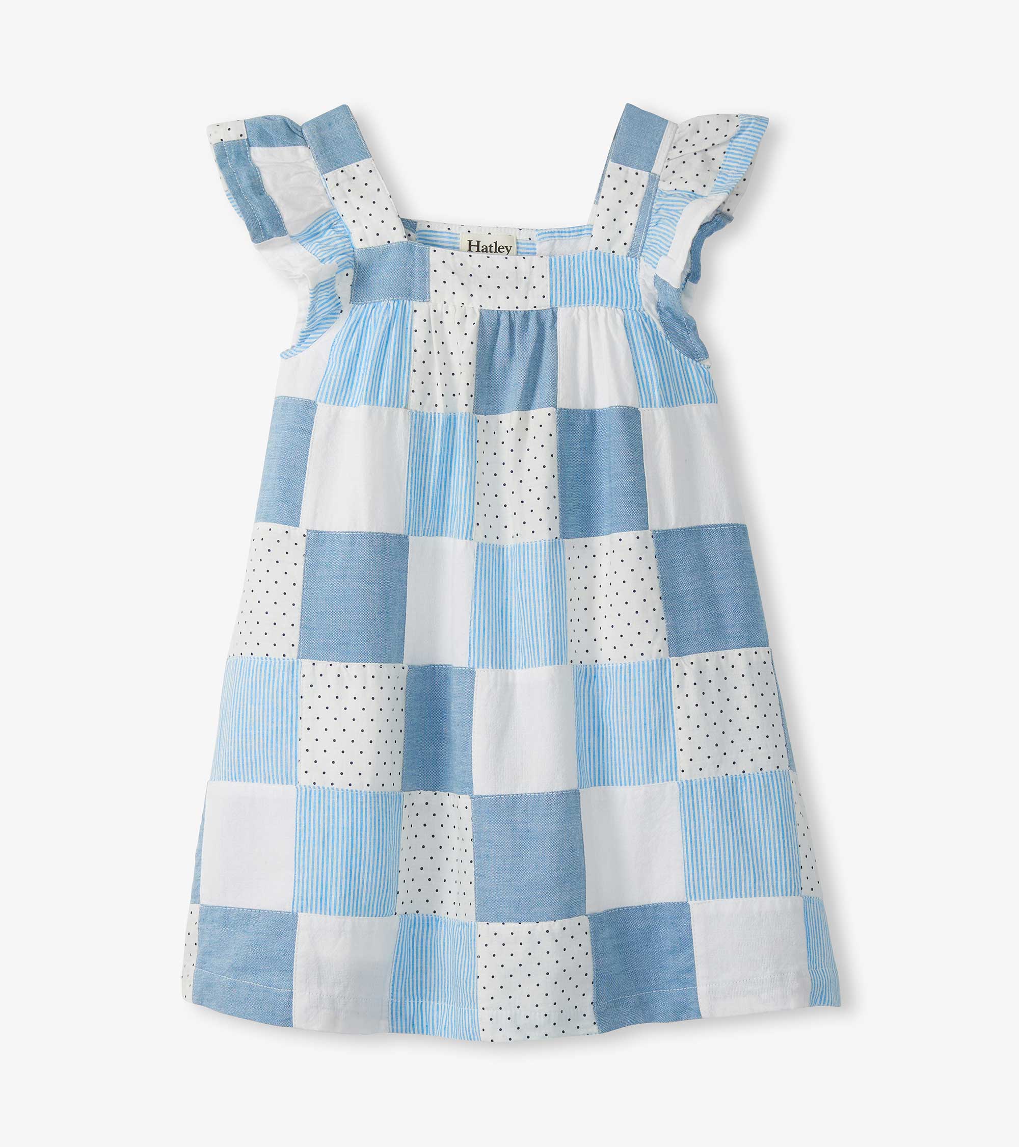 Girls Chambray Patches Flutter Puff Dress - Image 2