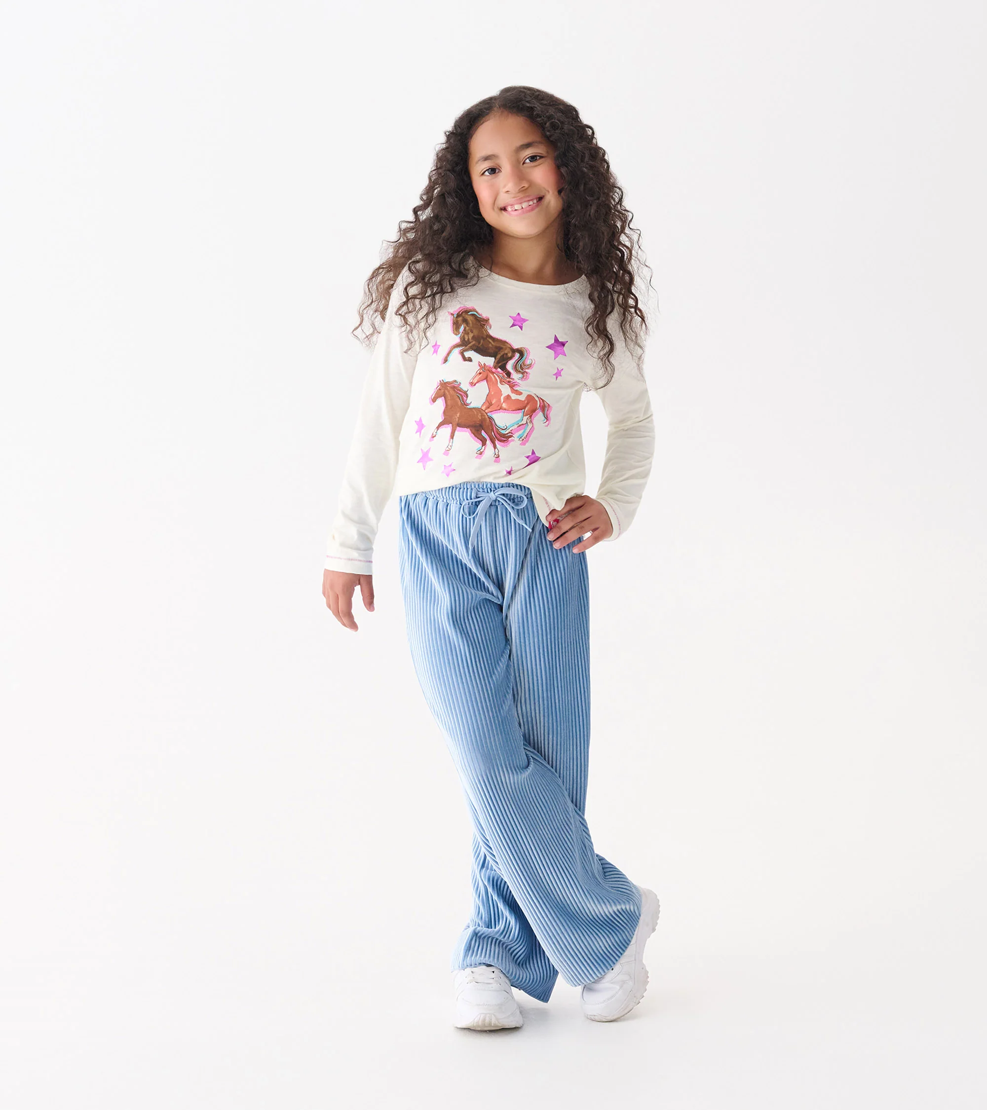 Girls Cornflower Blue Pleated Velour Relaxed Pants - Image 2