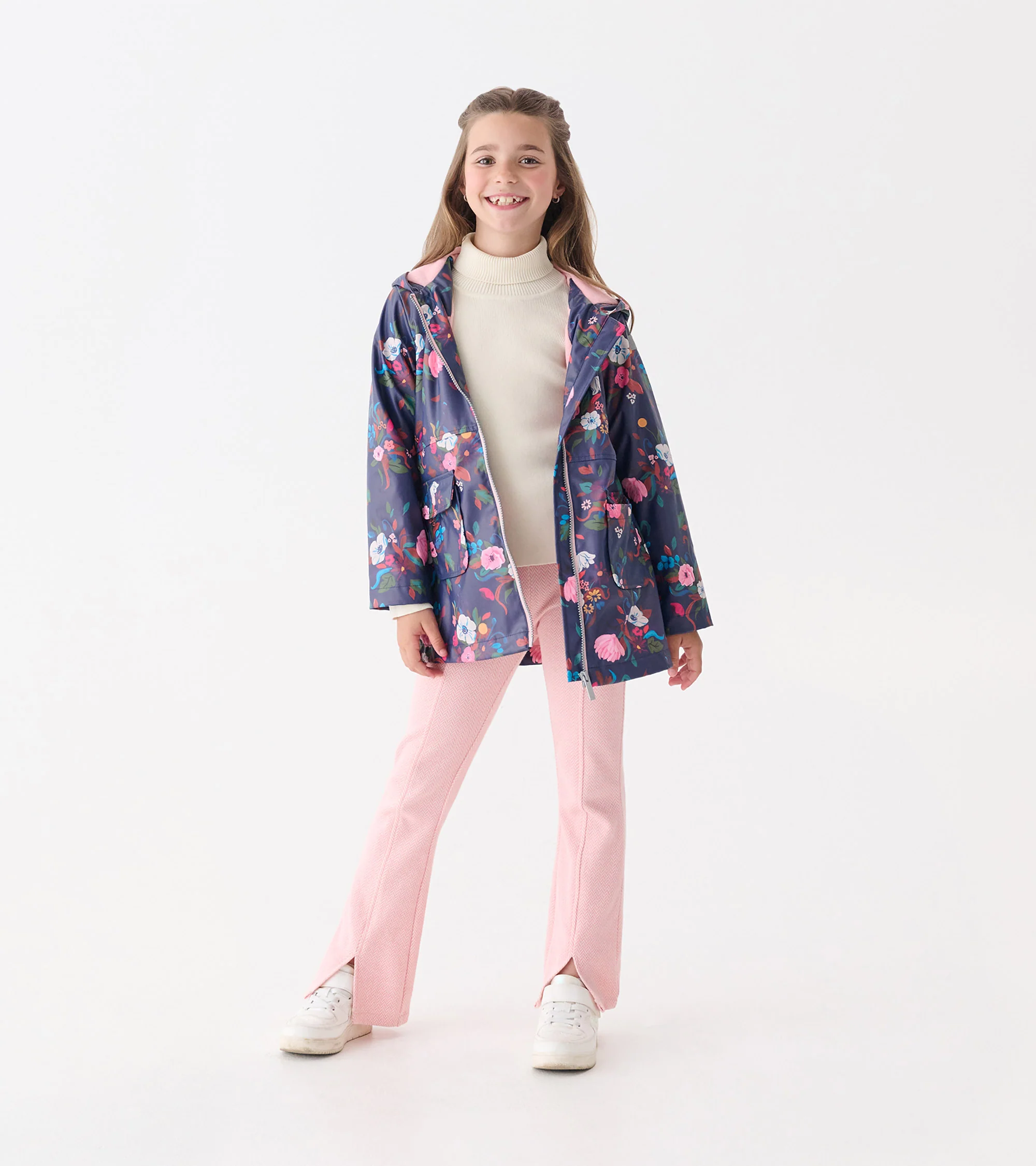 Girls Fall Floral Zip-Up Rain Jacket - Image 3