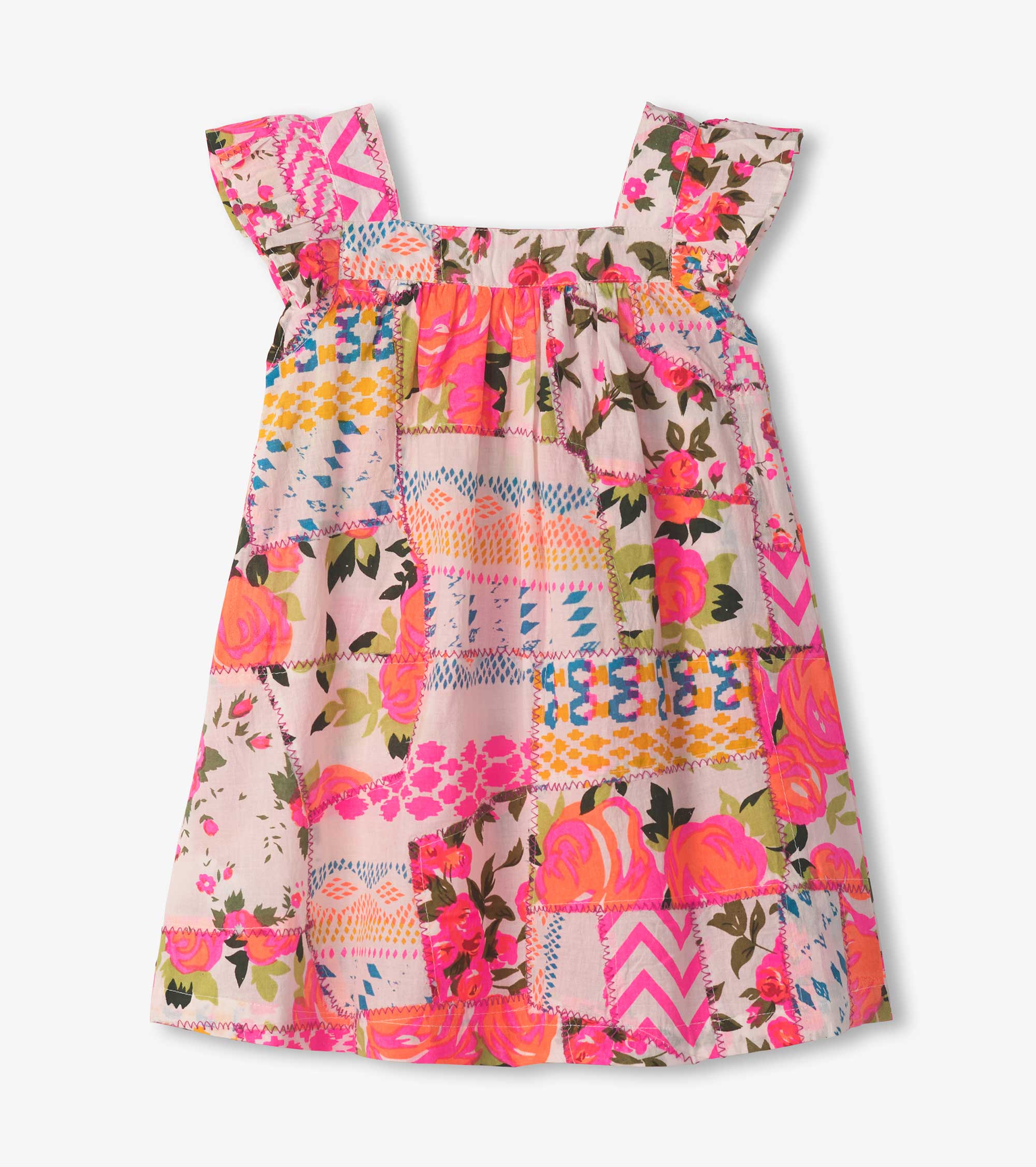 Girls Floral Patchwork Flutter Puff Dress - Image 3