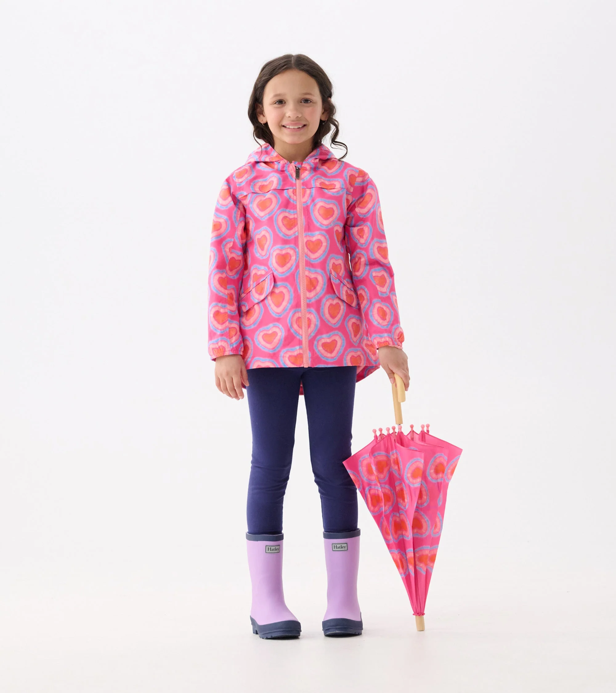 Girls Glowing Hearts Zip-Up Lightweight Rain Jacket - Image 2