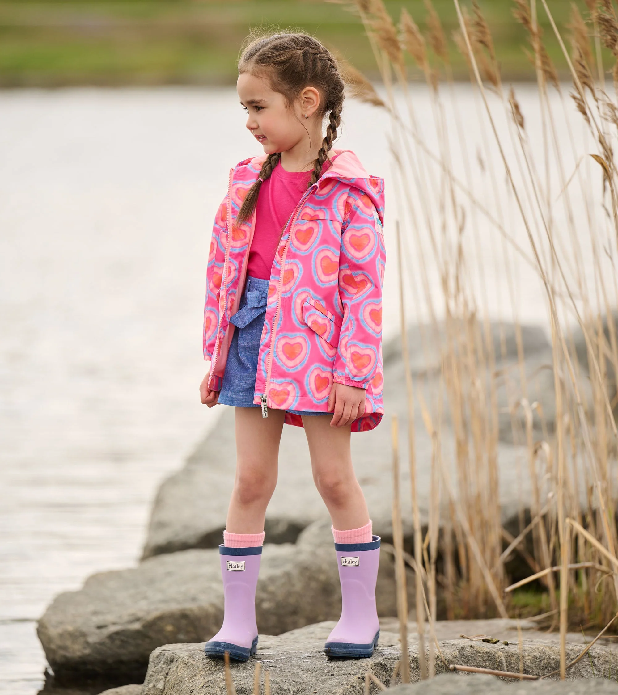 Girls Glowing Hearts Zip-Up Lightweight Rain Jacket - Image 5