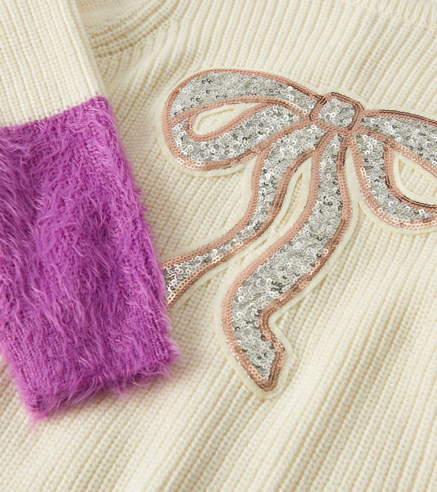 Girls Gold Bow Fluffy Sleeve Sweater - Image 3