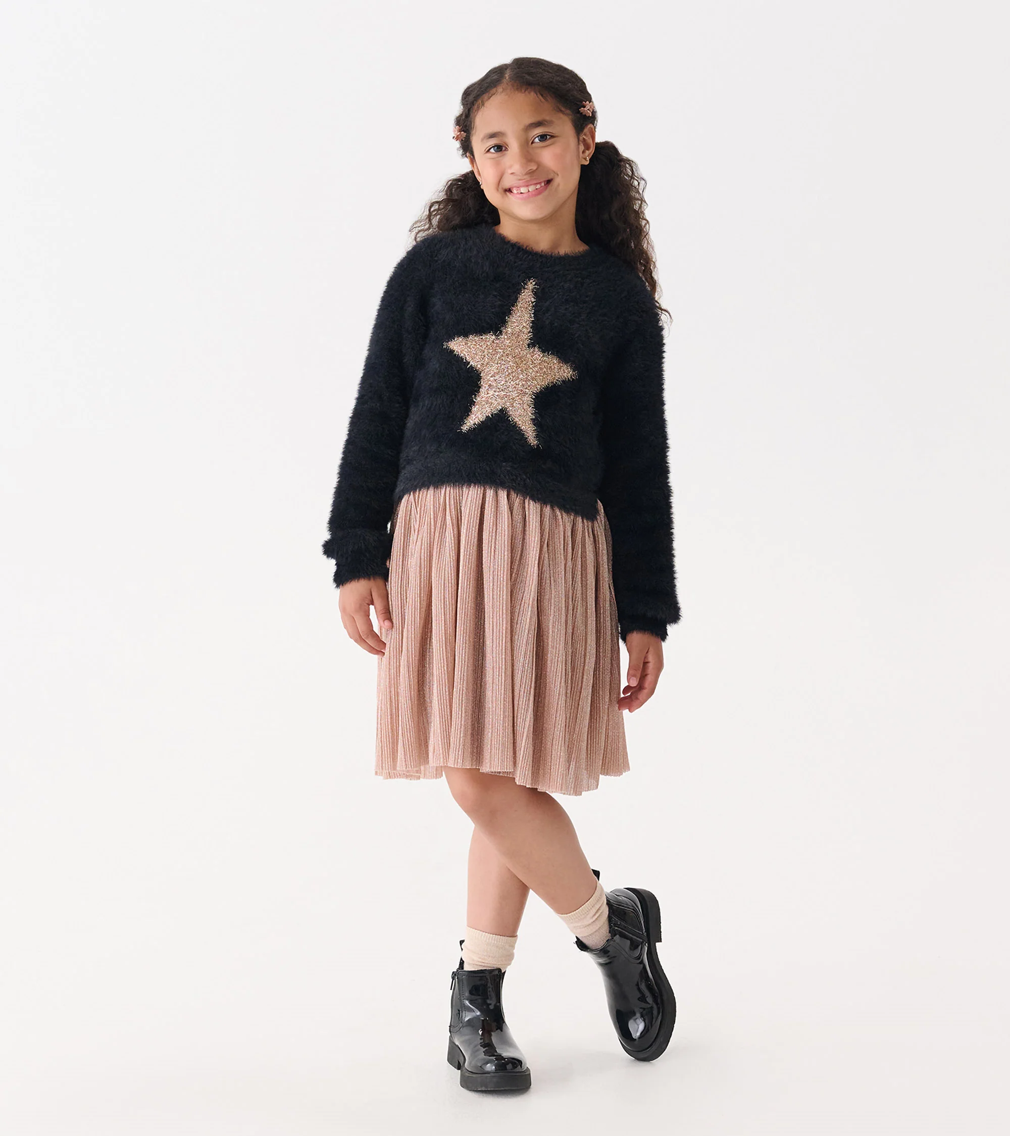 Girls Gold Star Mix Media Dress - Image 2