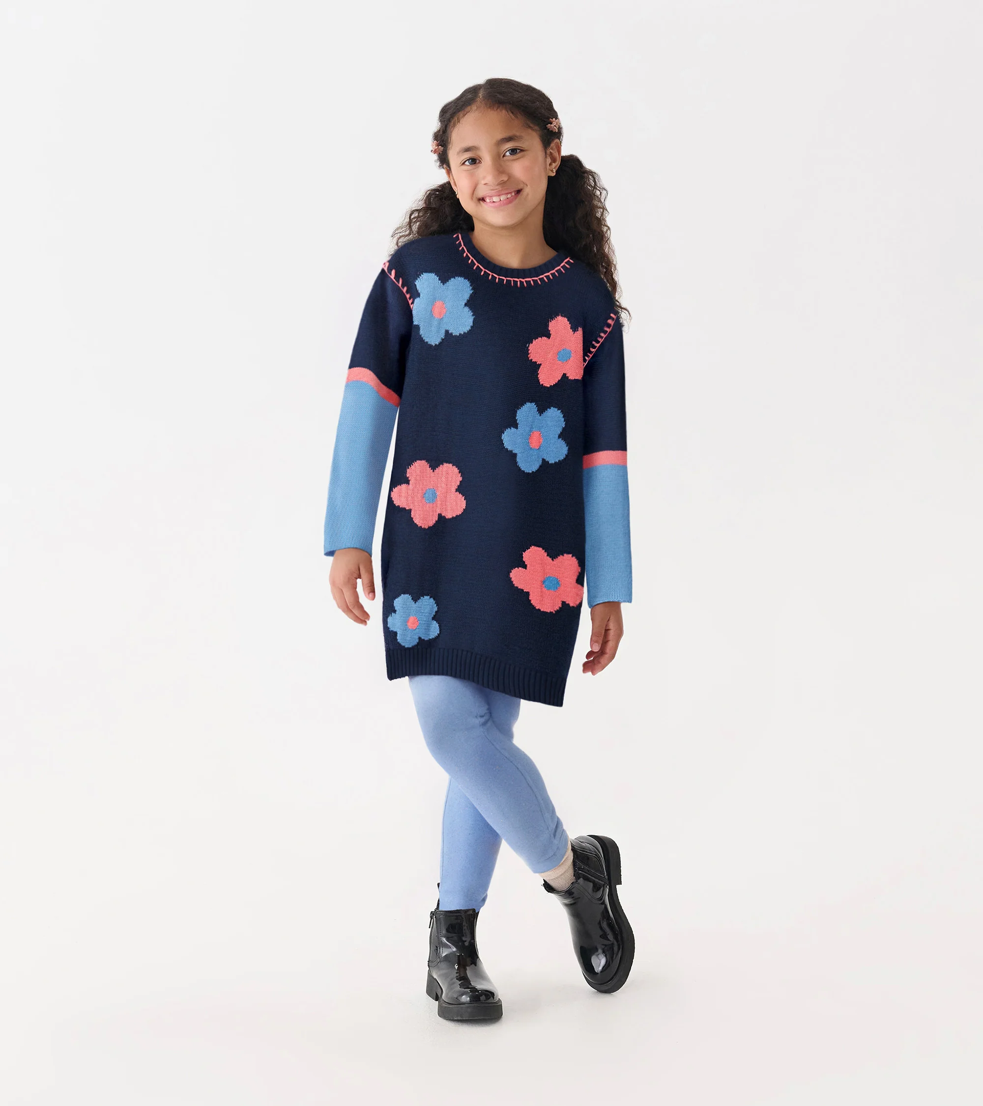 Girls Navy Flower Drop Shoulder Sweater Dress - Image 2