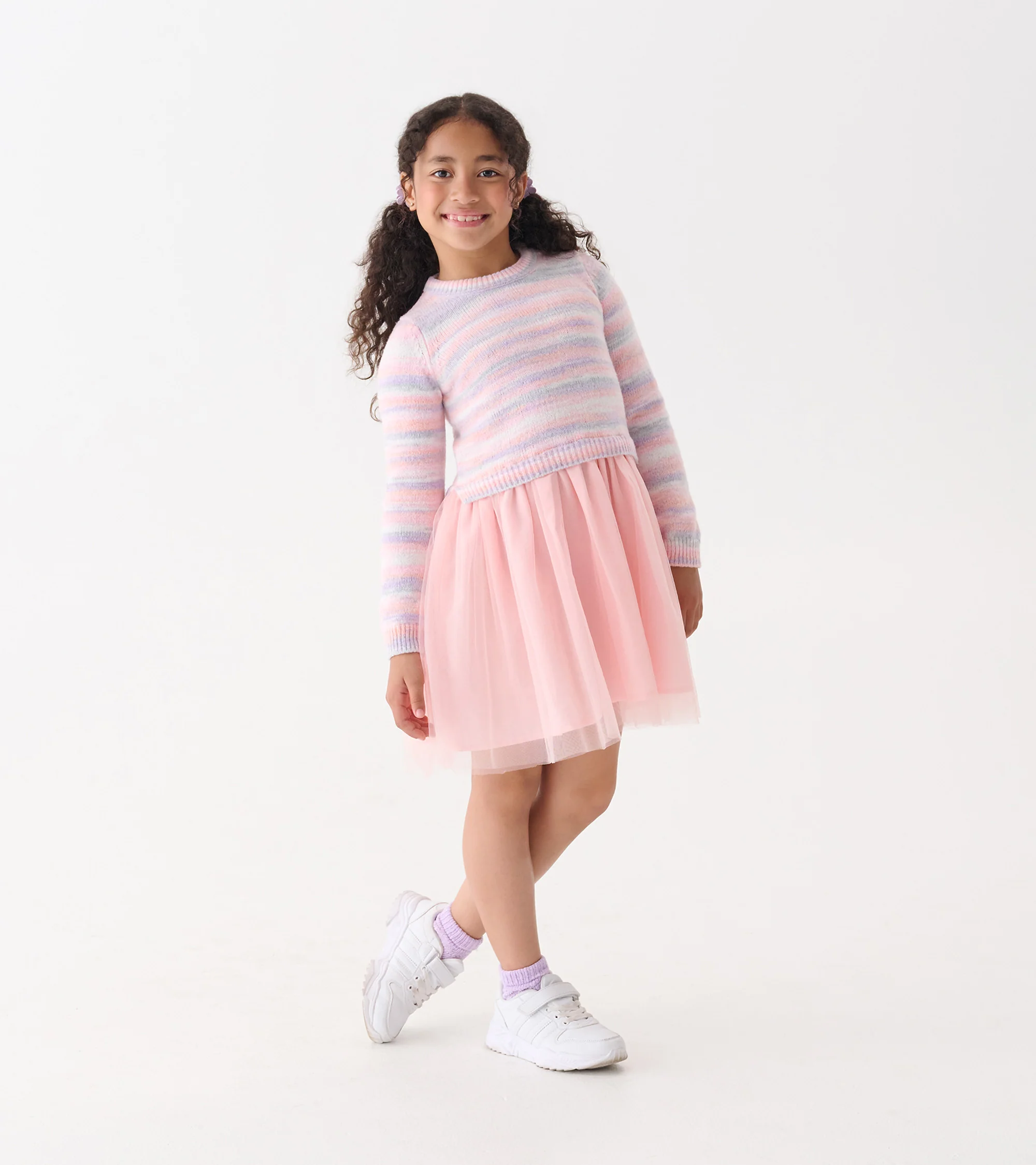 Girls Pastel Rainbow Fuzzy Mixed Skirt Dress - Image 3