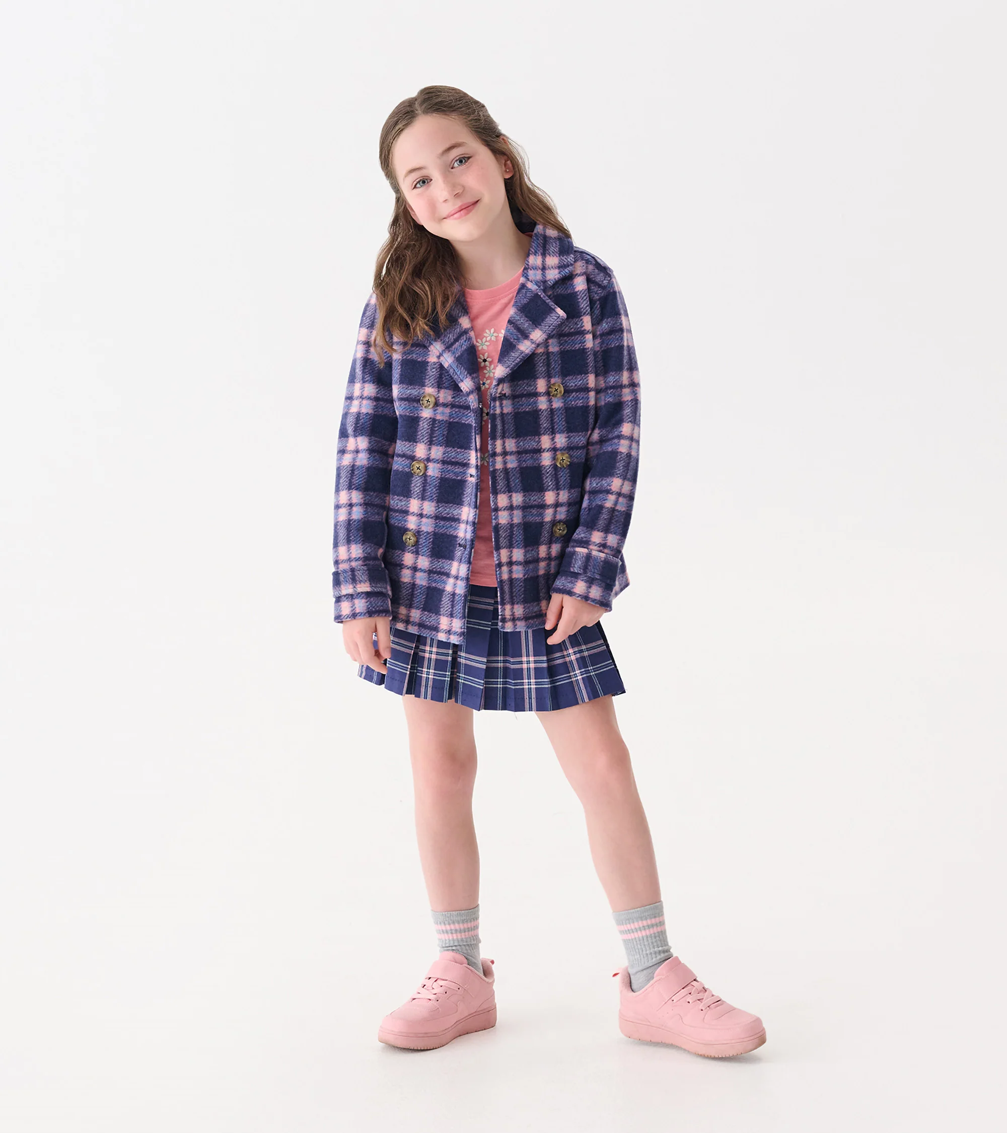 Girls Preppy Plaid Pea Coat - Image 2