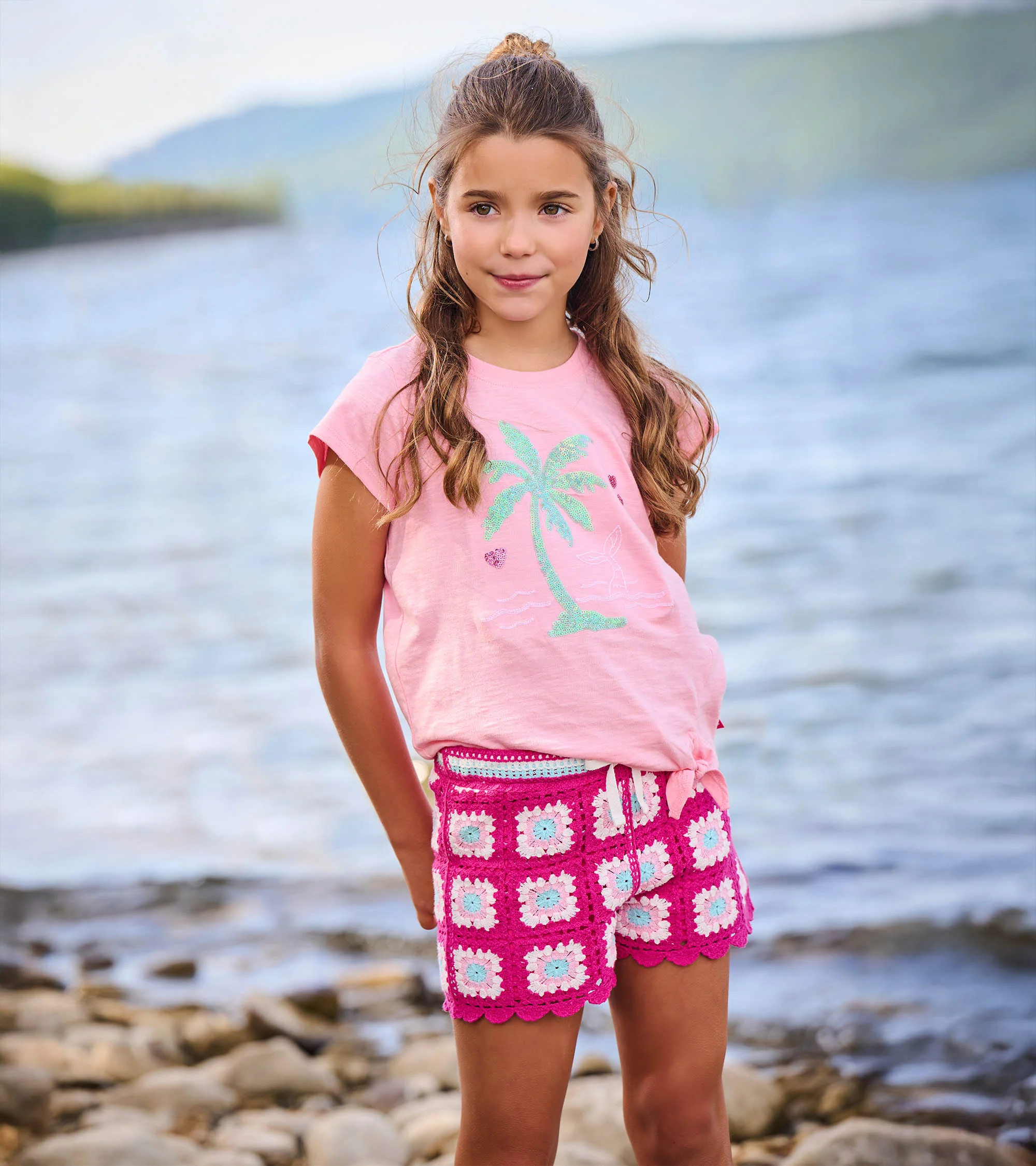 Girls Raspberry Rose Crochet Shorts - Image 2