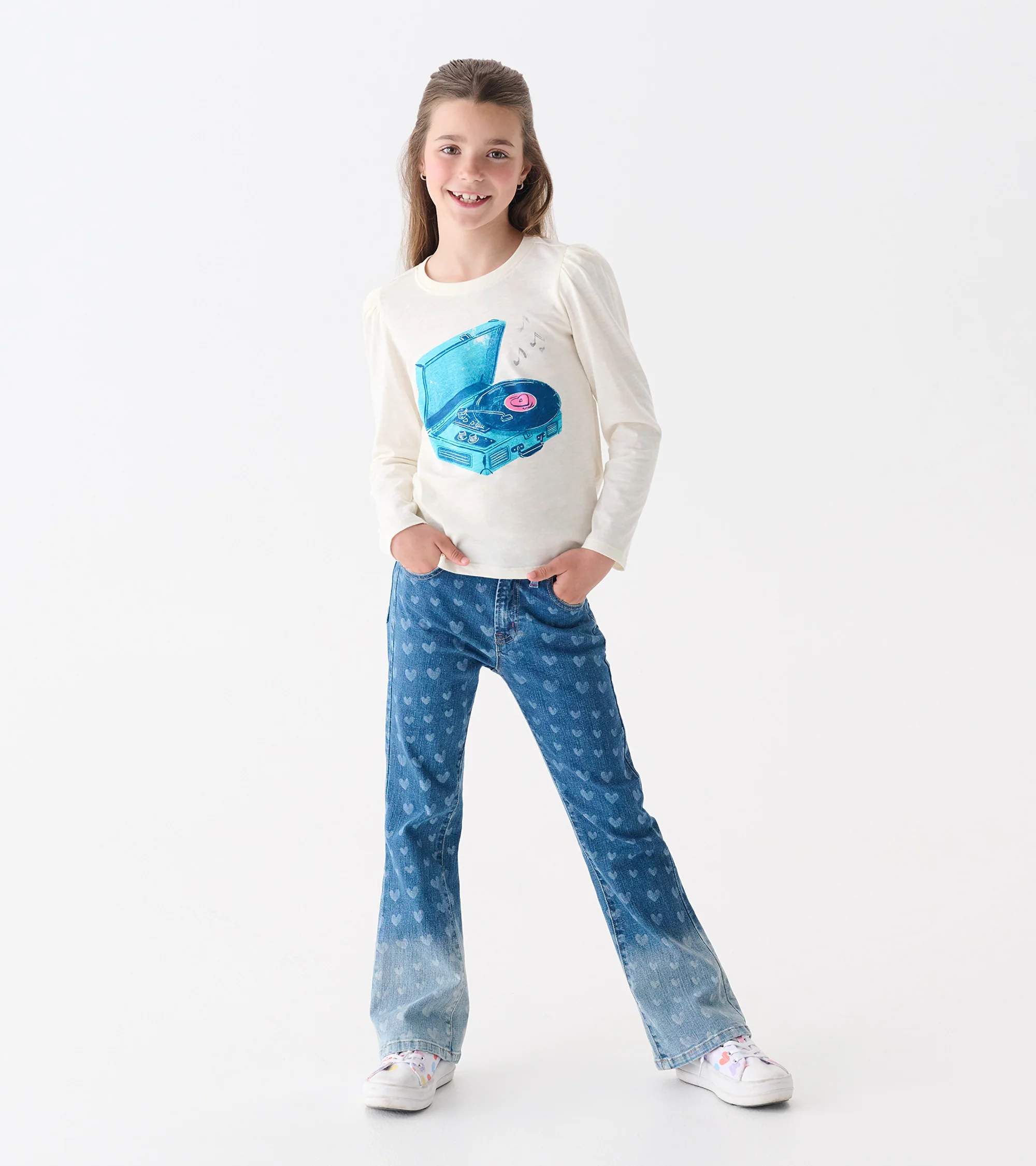 Girls Record Player Puff Sleeve Graphic Tee - Image 4