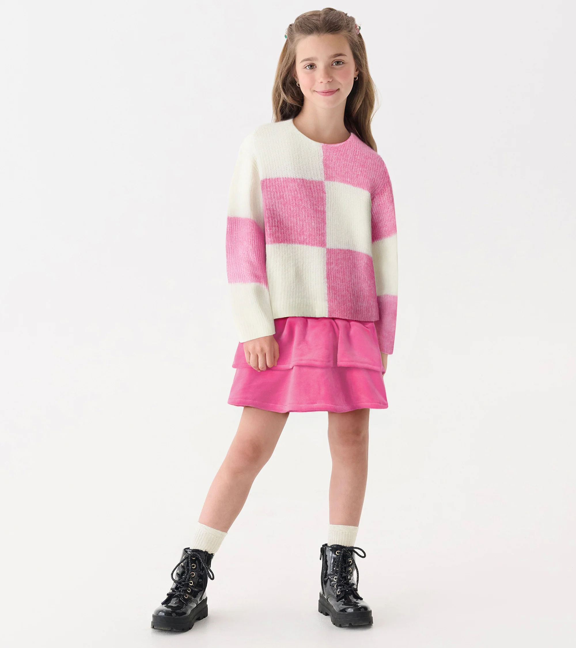Girls Sea Pink Check Drop Shoulder Sweater - Image 2