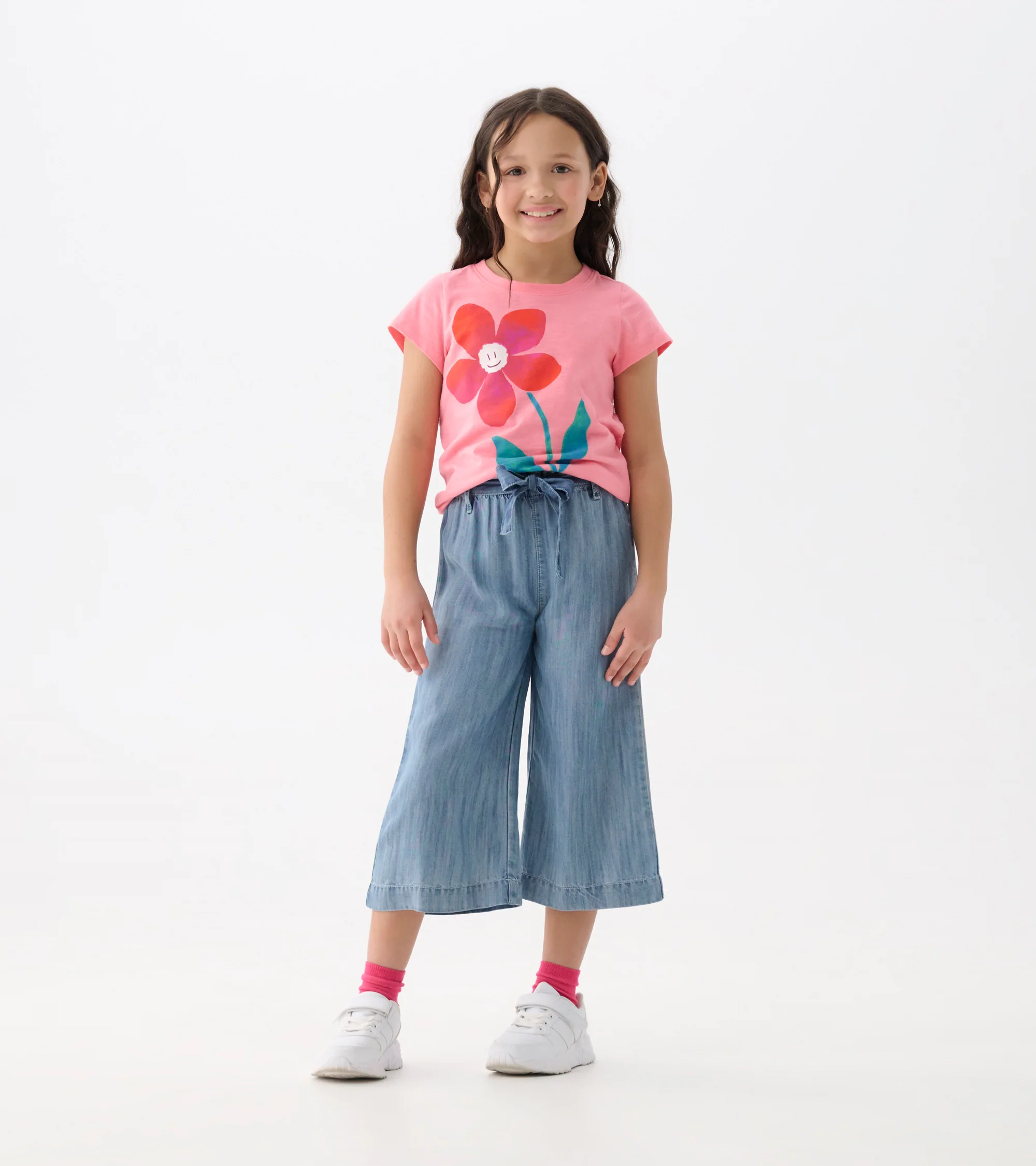 Girls Smokey Blue Wash Cropped Paperbag Pants - Image 2