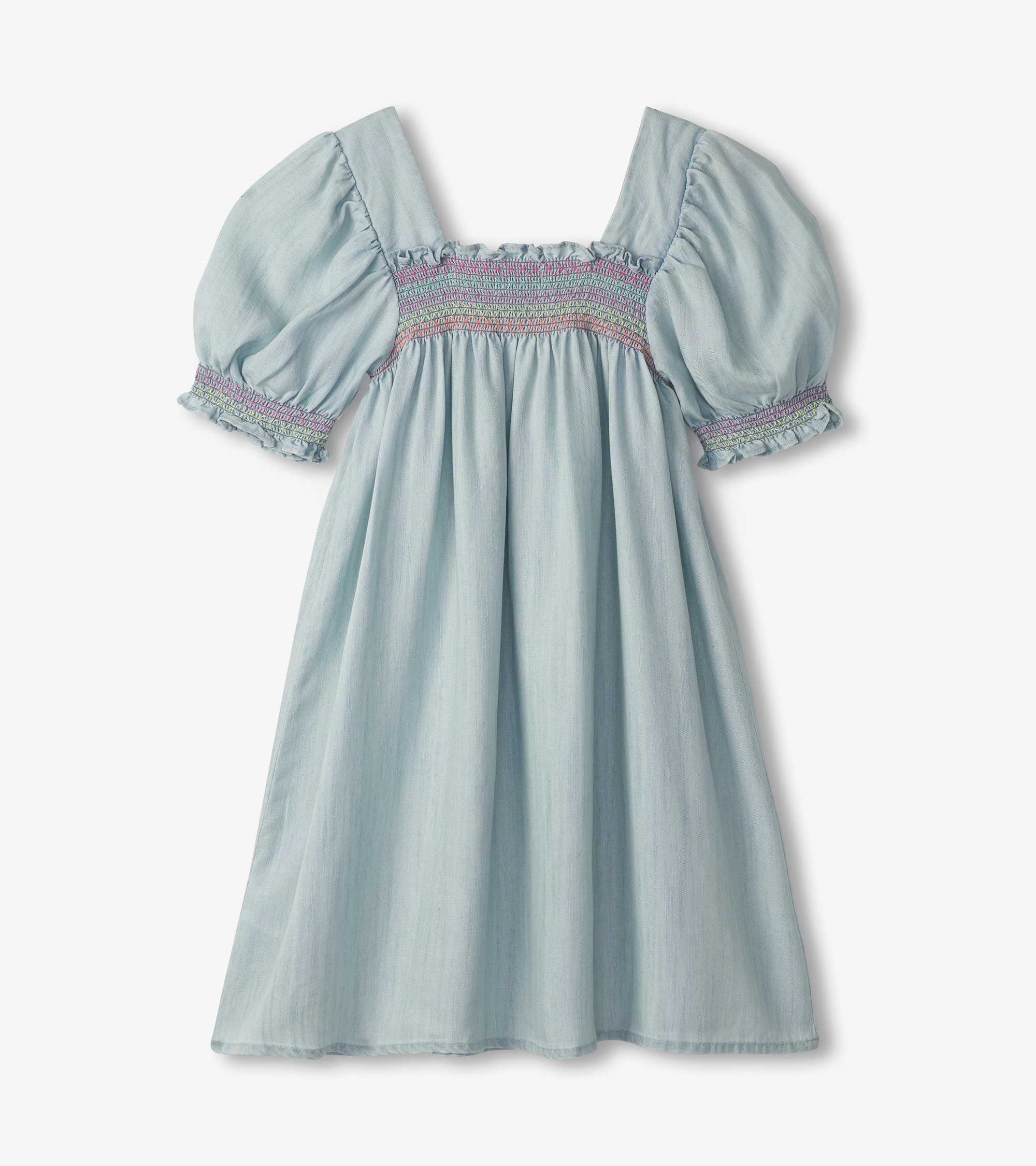 Girls Soft Blue Denim Puff Sleeve Smocked Dress - Image 3