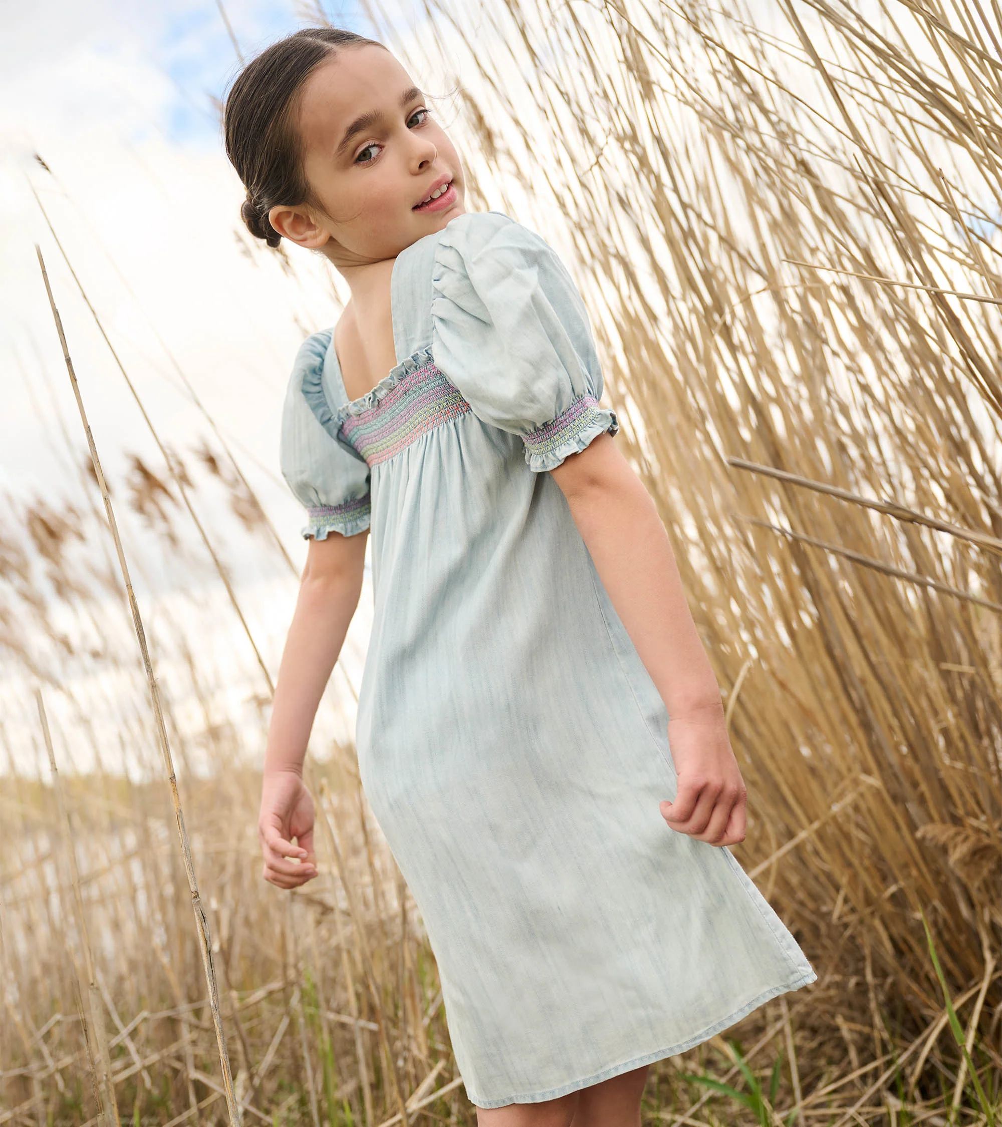 Girls Soft Blue Denim Puff Sleeve Smocked Dress - Image 4