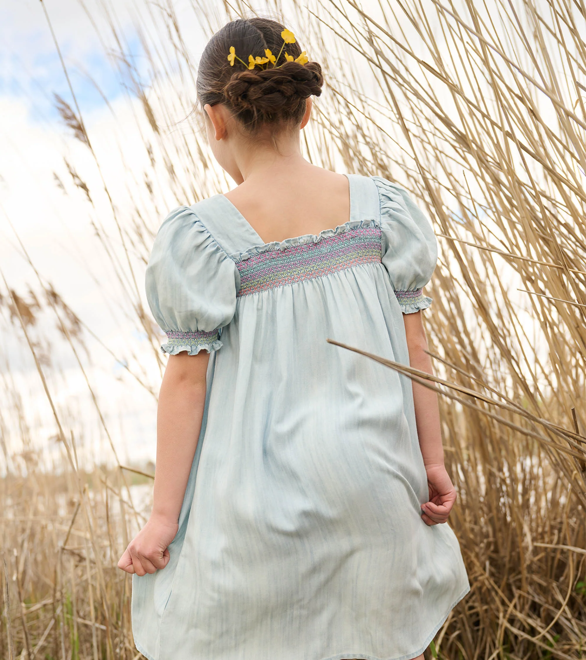 Girls Soft Blue Denim Puff Sleeve Smocked Dress - Image 5