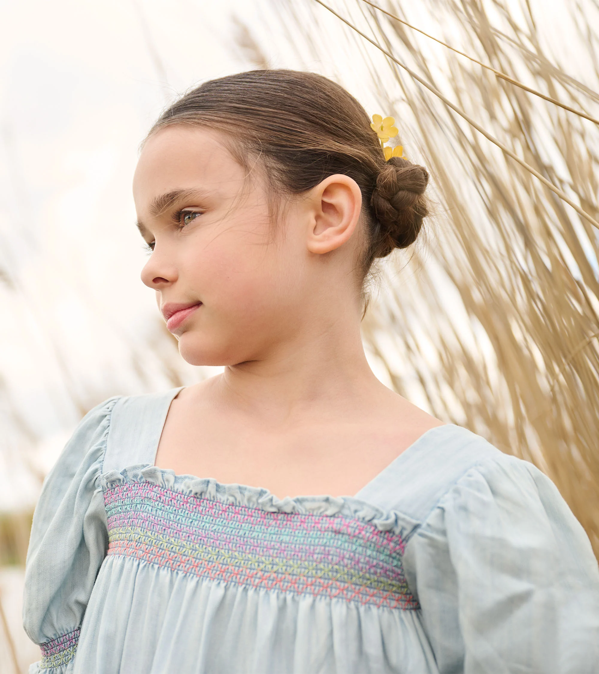 Girls Soft Blue Denim Puff Sleeve Smocked Dress - Image 6