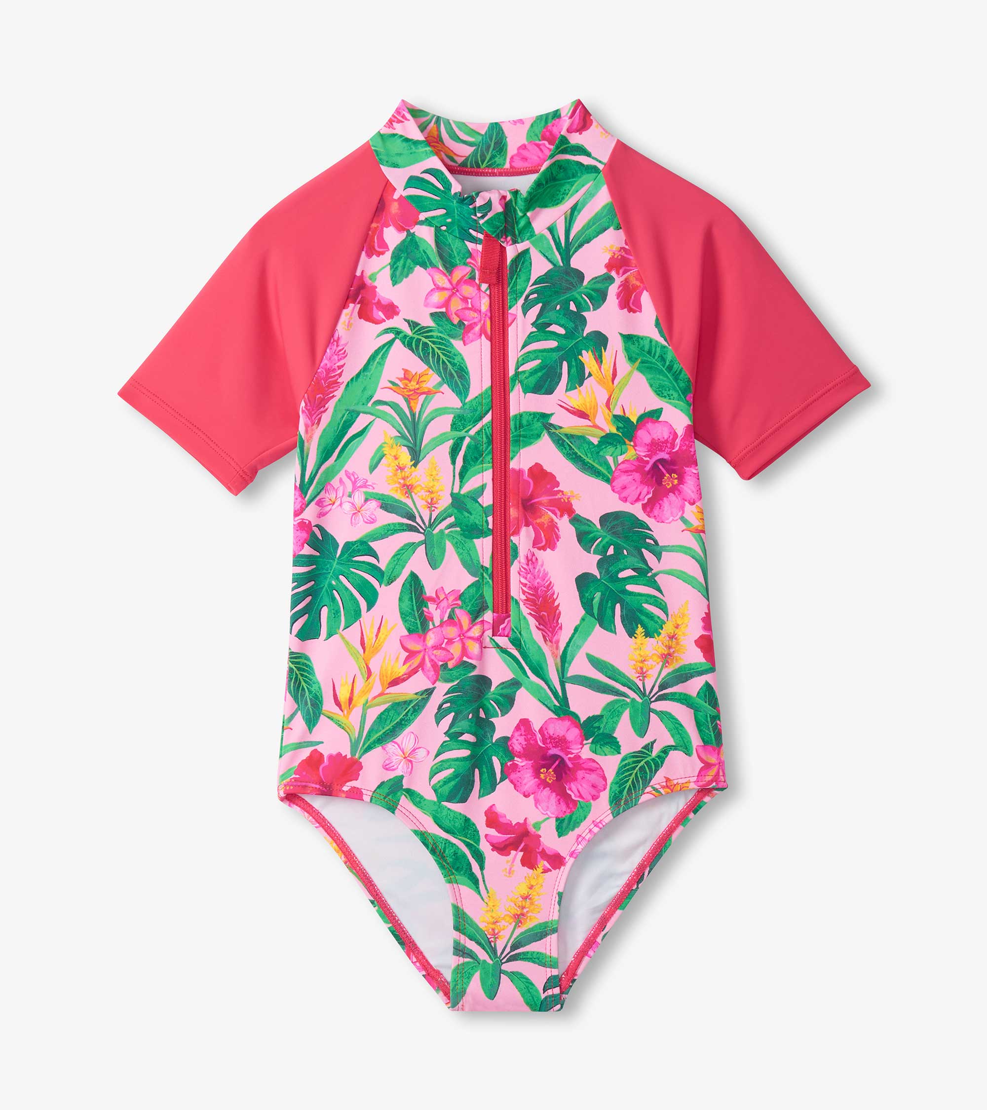 Girls Tropical Flowers Short Sleeve One-Piece Rashguard Swimsuit - Image 2