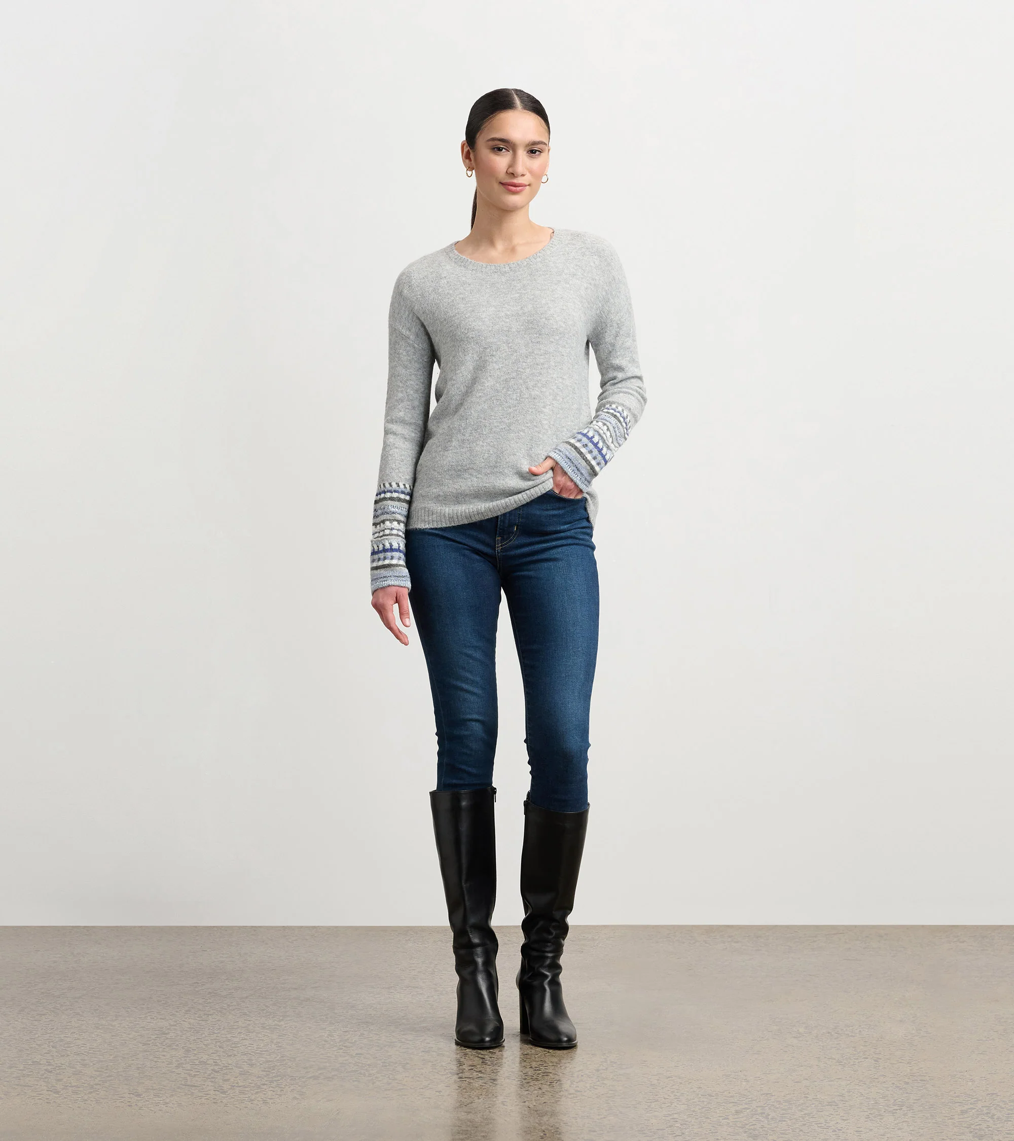 Jacquard Cuff Sweater - Grey Melange - Image 2