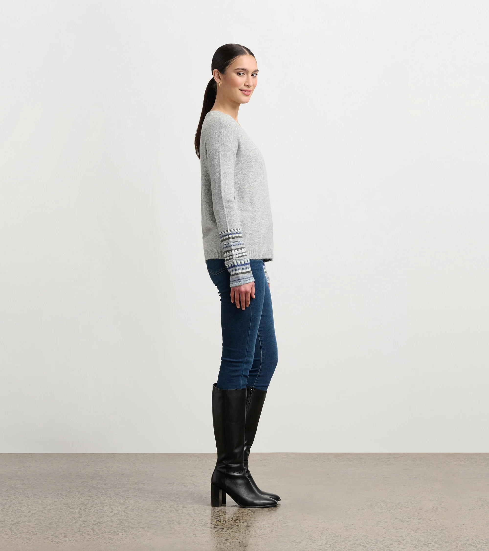 Jacquard Cuff Sweater - Grey Melange - Image 3