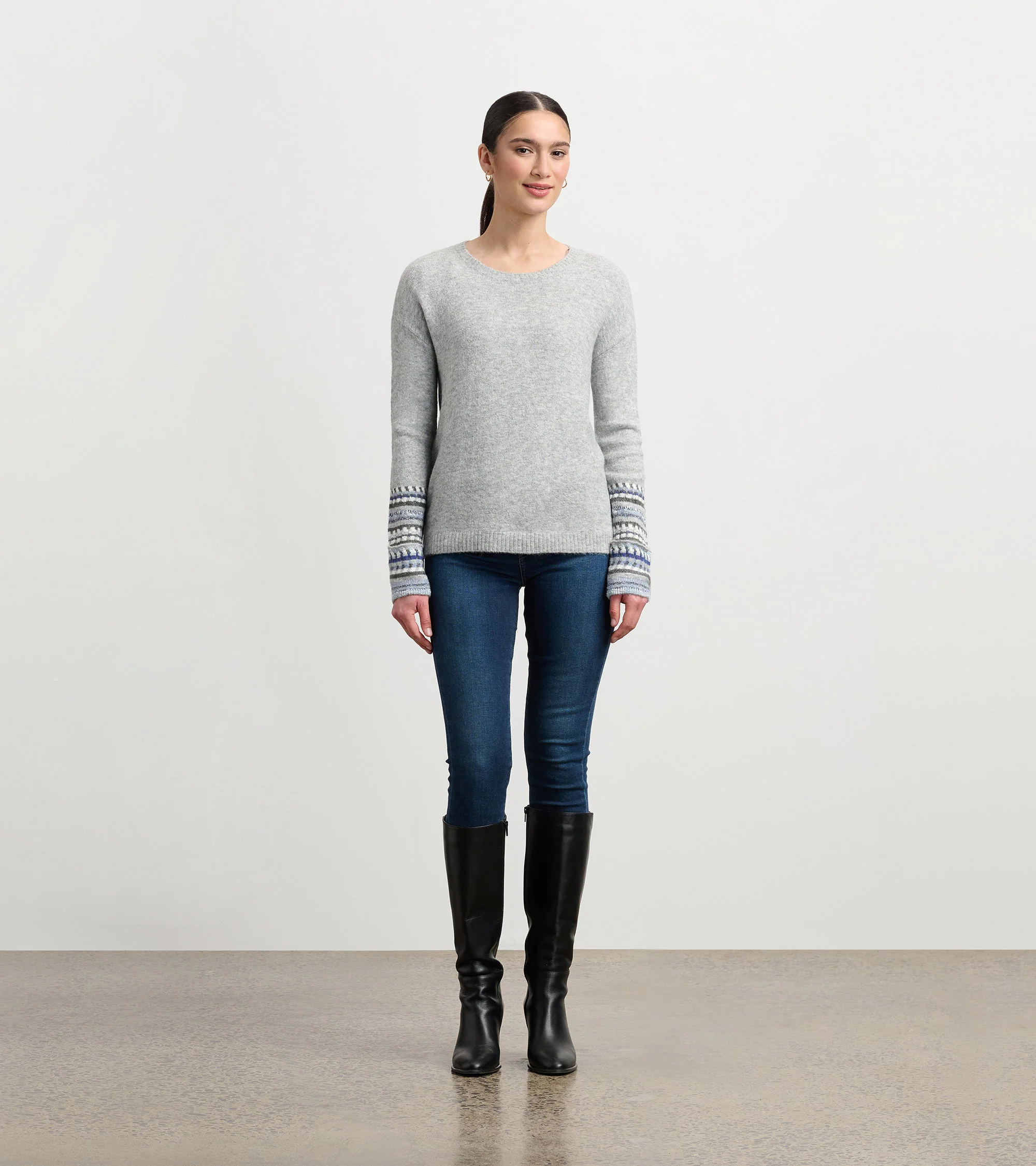 Jacquard Cuff Sweater - Grey Melange - Image 5