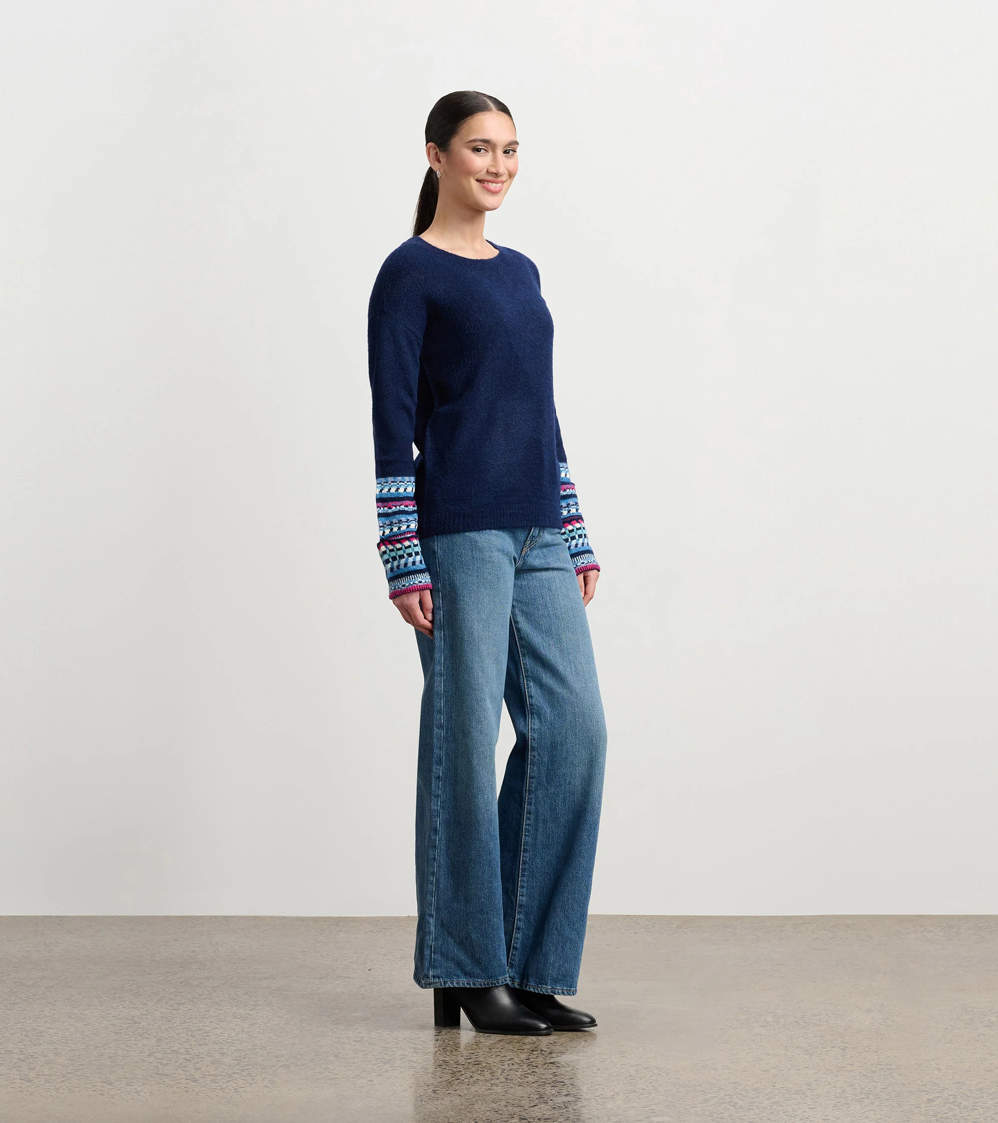 Jacquard Cuff Sweater - Navy - Image 3