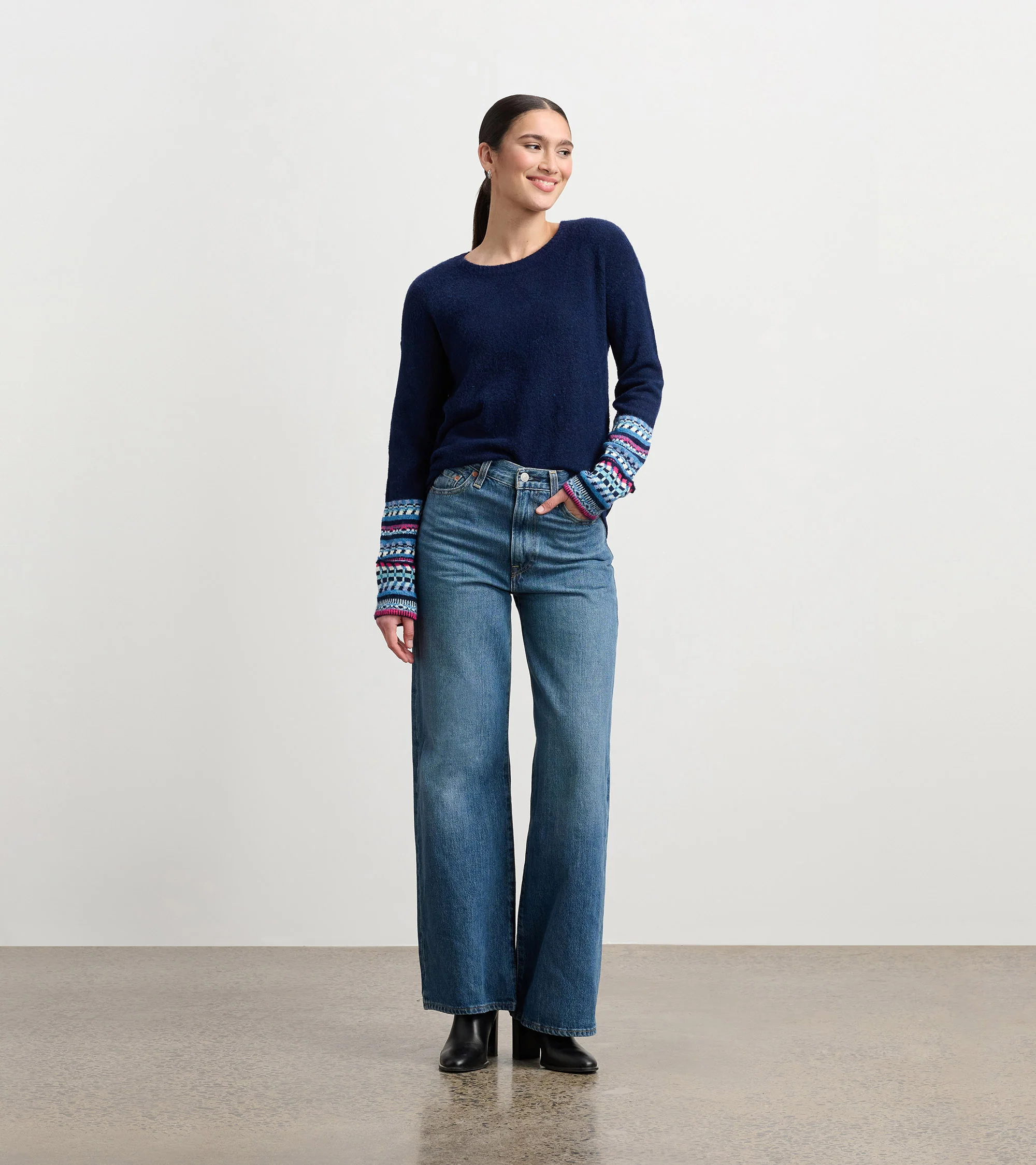 Jacquard Cuff Sweater - Navy - Image 5