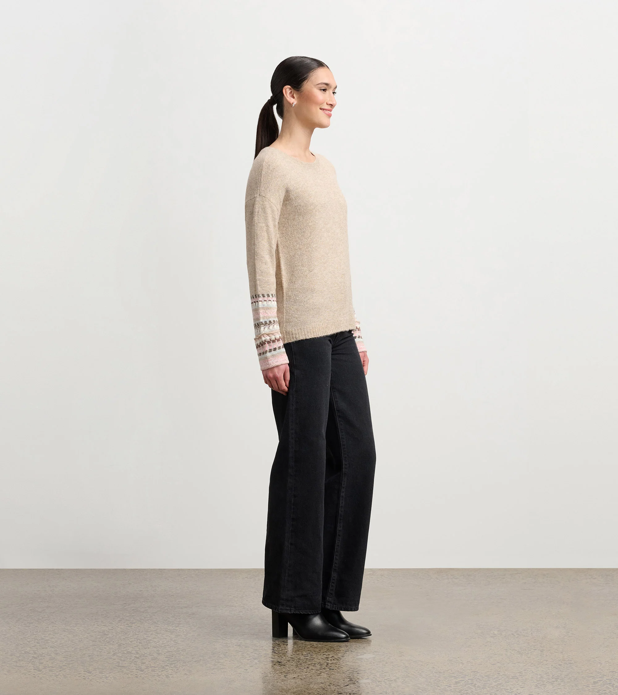 Jacquard Cuff Sweater - Oatmeal Melange - Image 3