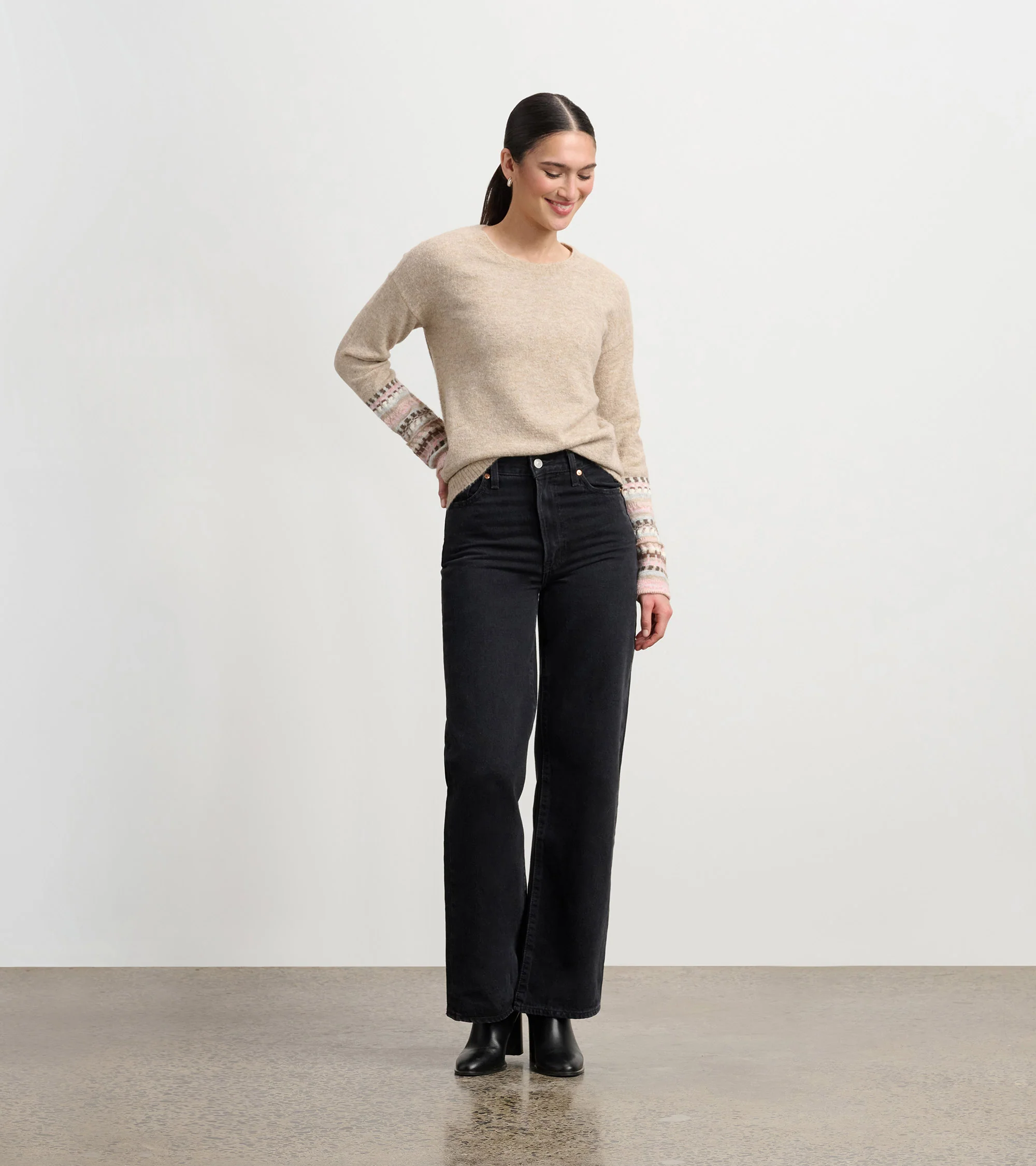 Jacquard Cuff Sweater - Oatmeal Melange - Image 5