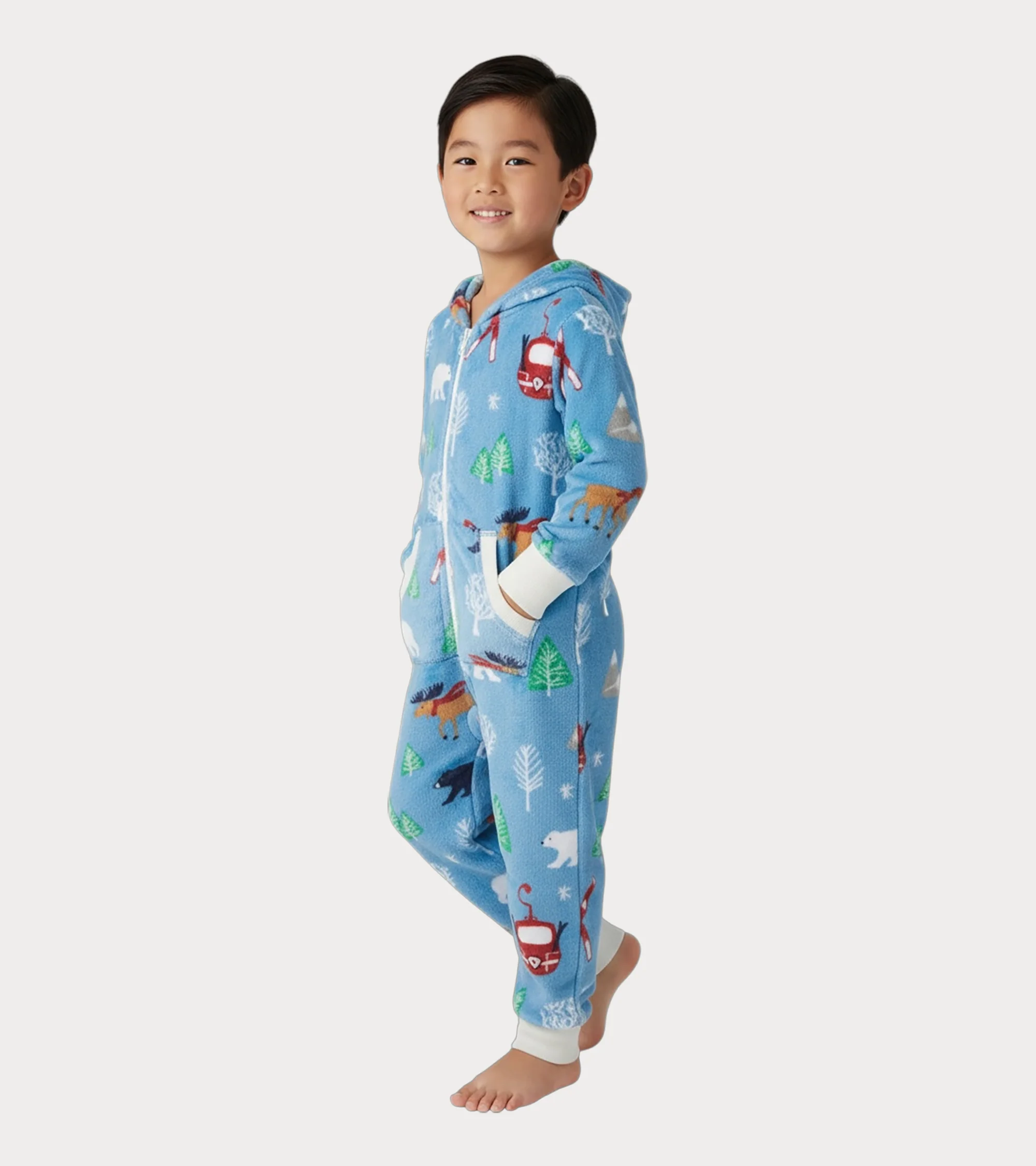 Kids Blue Vintage Ski Hooded Fleece Jumpsuit - Image 2