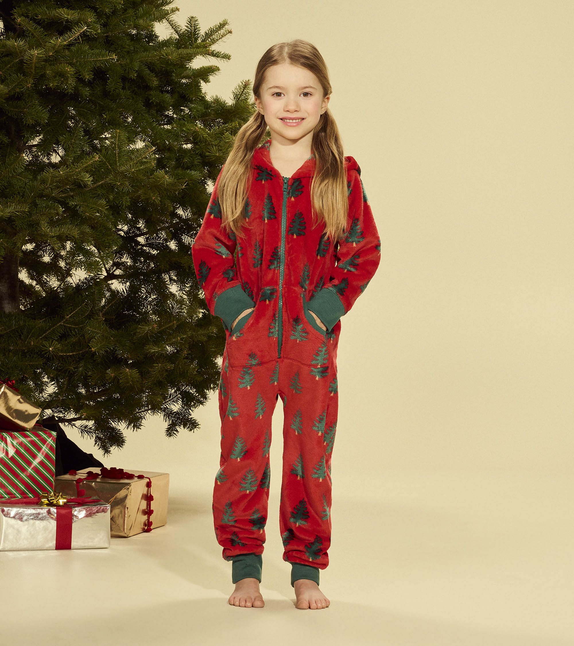 Kids Trees On Red Hooded Fleece Jumpsuit - Image 2