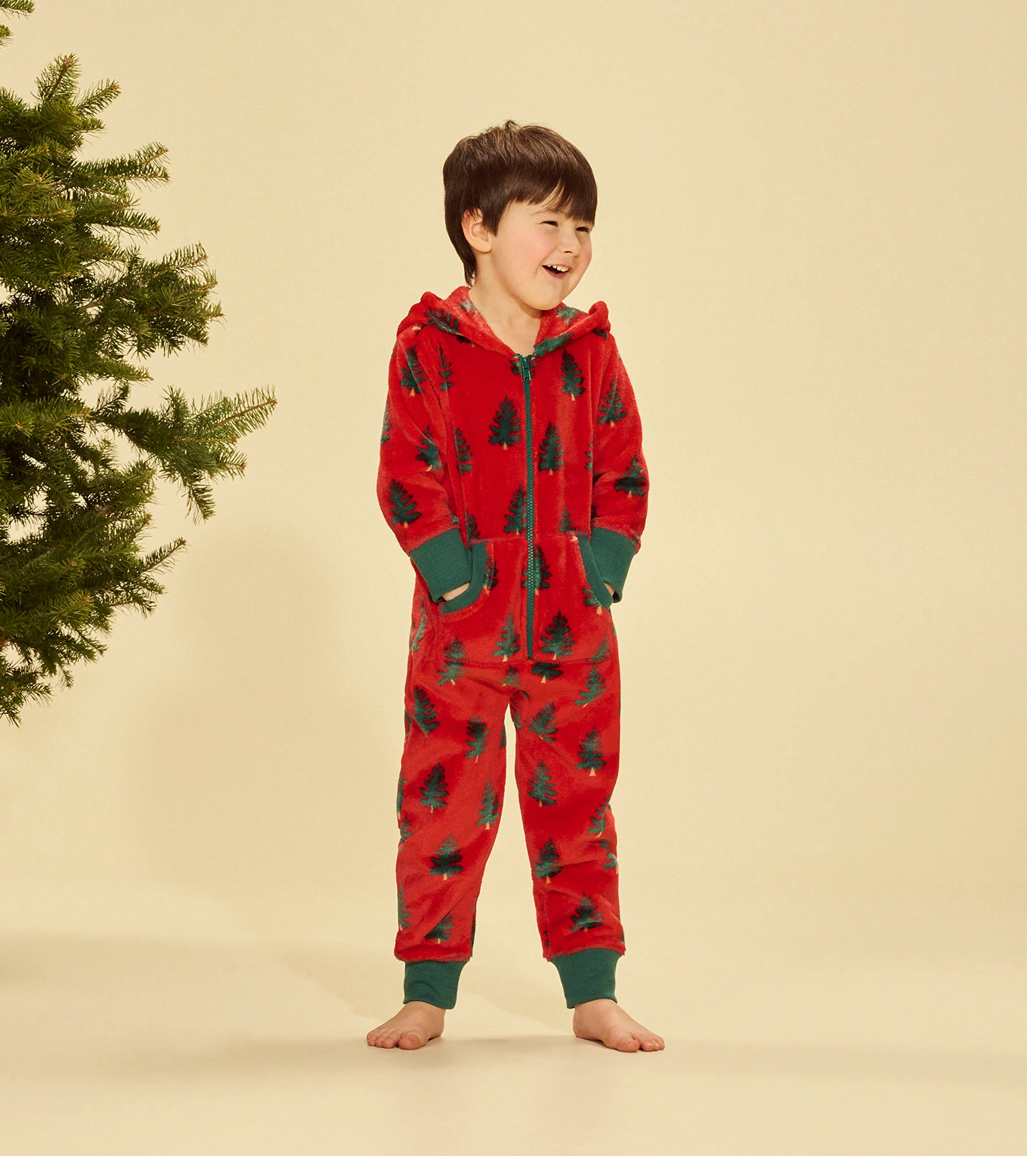 Kids Trees On Red Hooded Fleece Jumpsuit - Image 4